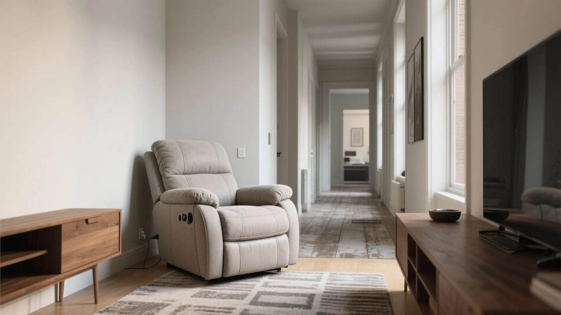 Living room with grey sofa recliner wooden cabinet rug and a hallway view in background