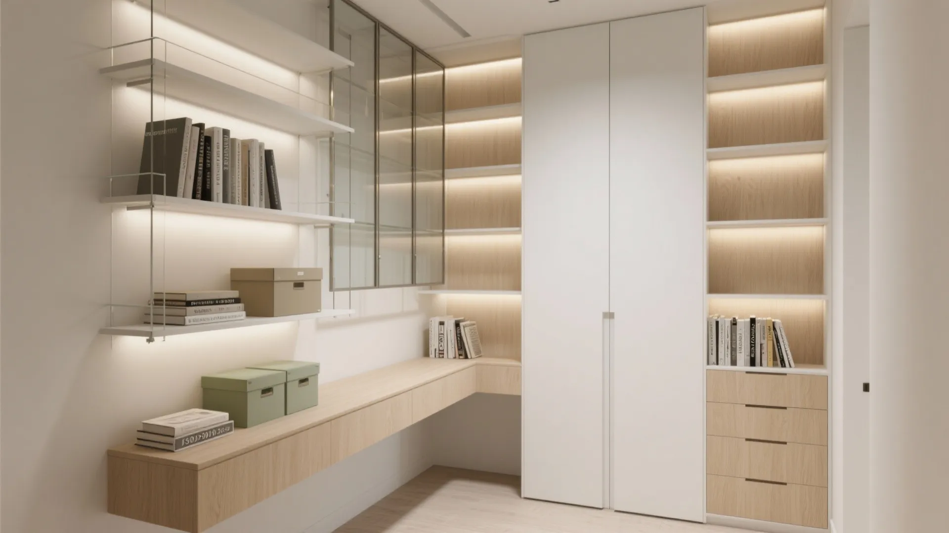 Modern home office with white cabinet wooden shelves glass display case light fixture and desk