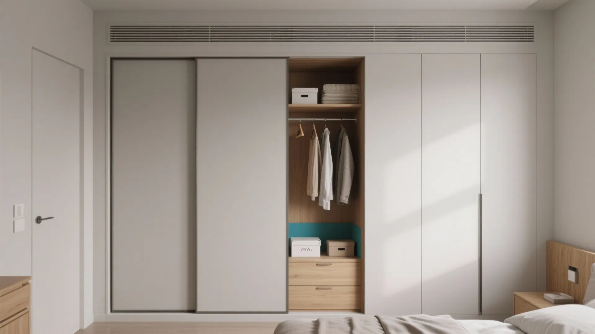Slim Wardrobe Wall with Sliding and Open Sections