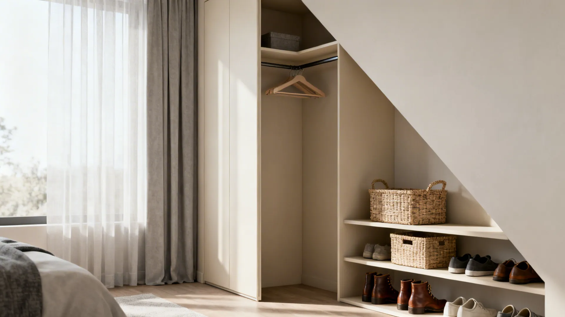 Slim wardrobe and corner shelving unit optimizing storage in a tiny bedroom