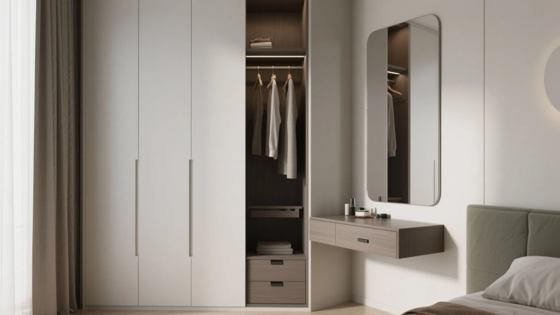 2. Slimline wardrobes paired with floating bedside tables