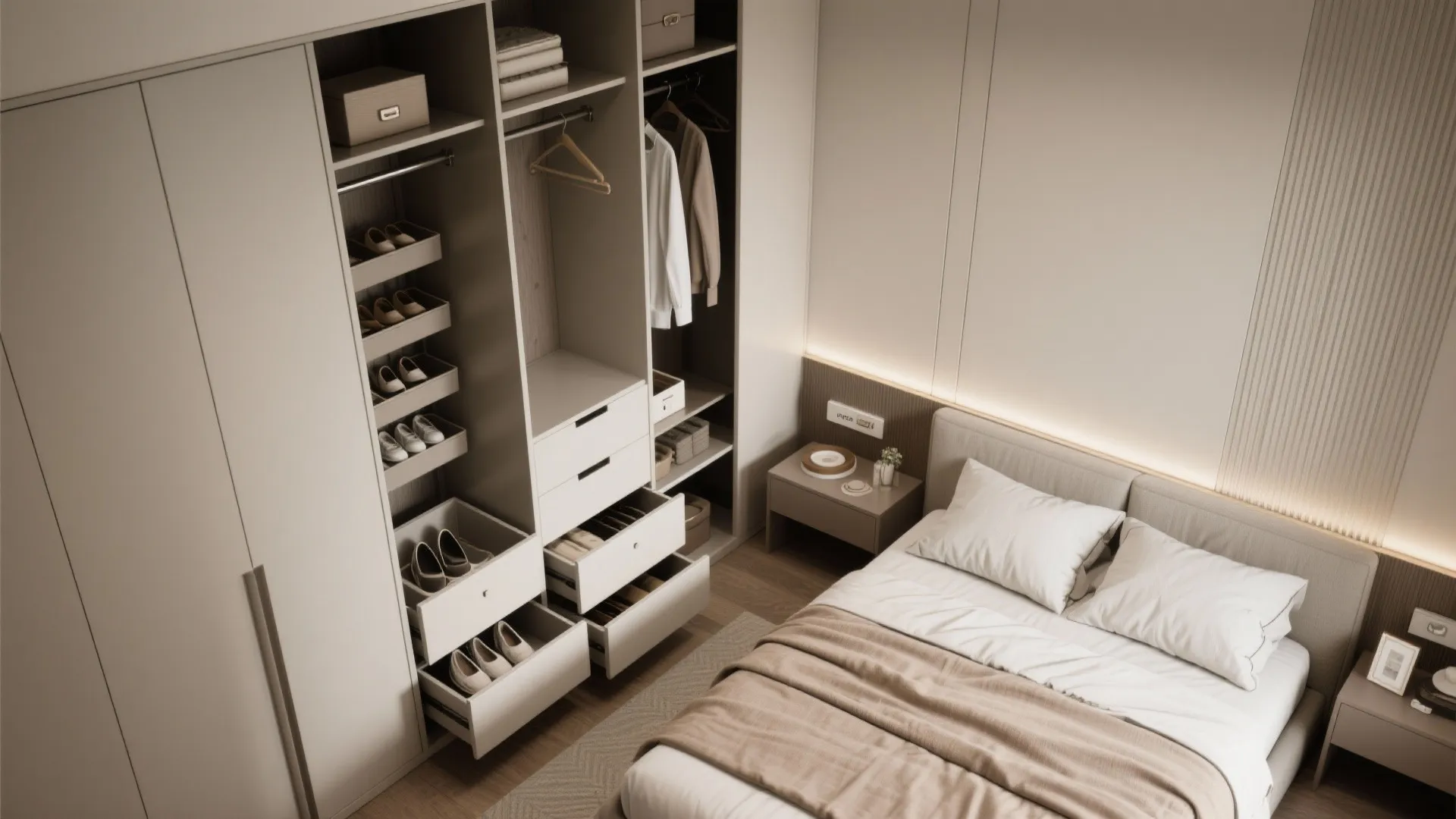 Modern bedroom featuring a large open cabinet with hanging clothes and neatly organized shoe storage