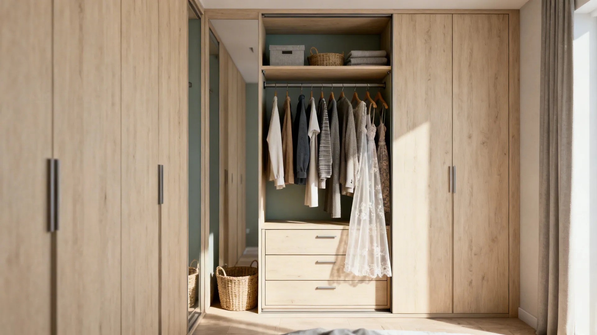 Slim fitted wardrobe with open hanging system and drawers below, styled with baskets and a light curtain.