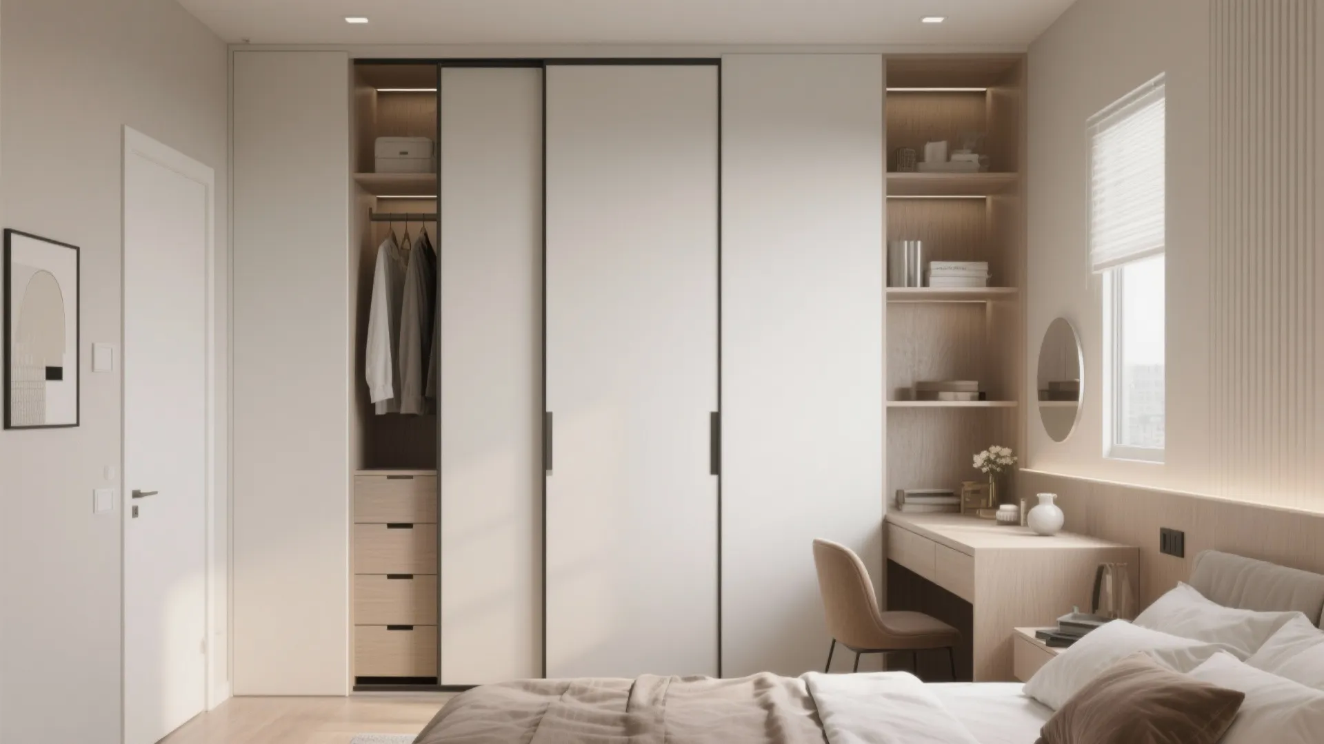 White sliding door cabinet in bedroom with built in wooden desk and small chair workspace