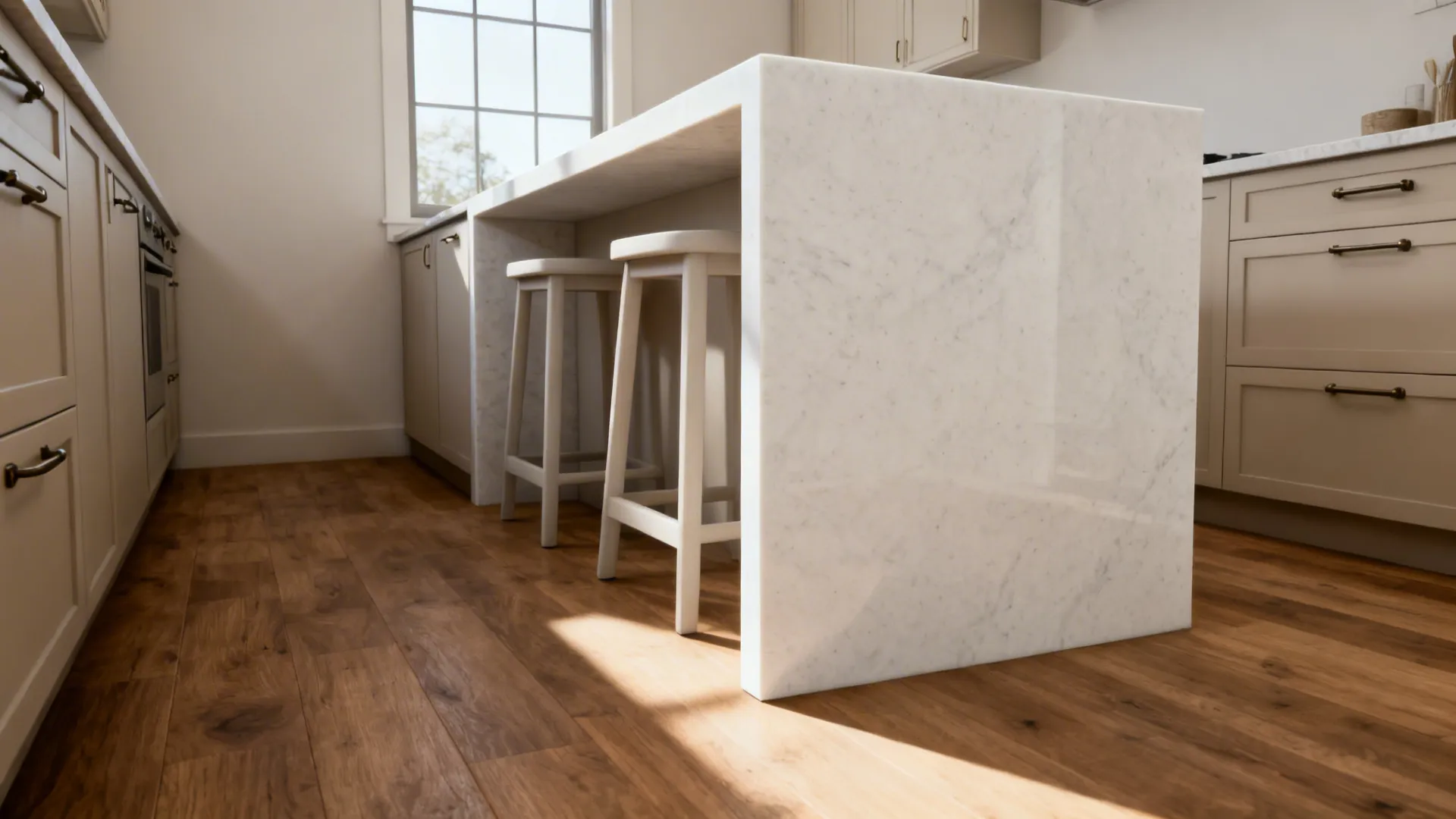Slim white quartz waterfall island with two stools tucked beneath in a compact kitchen.