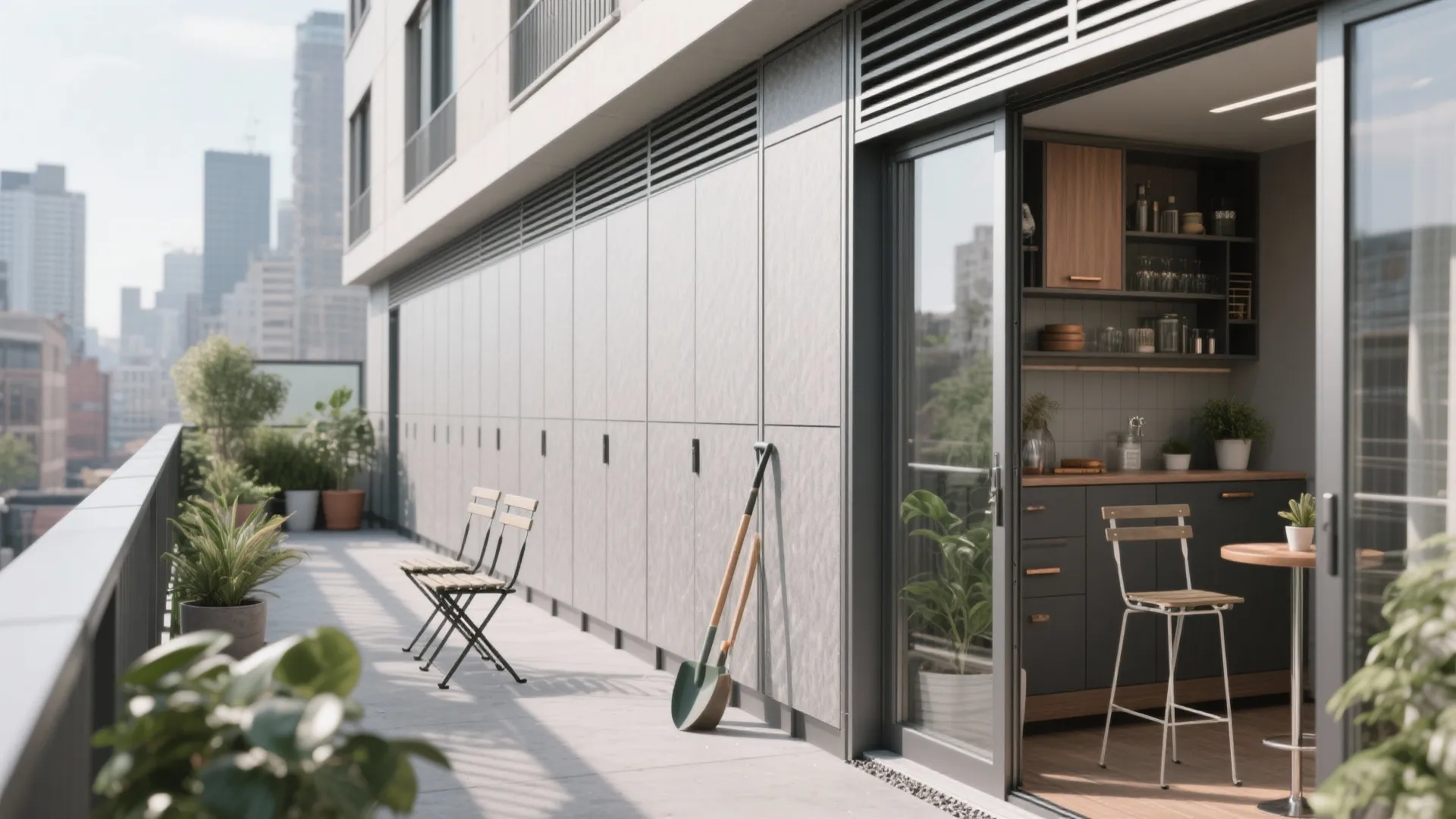 Weatherproof slim balcony cabinets in powder-coated aluminum with HPL doors and micro louvers
