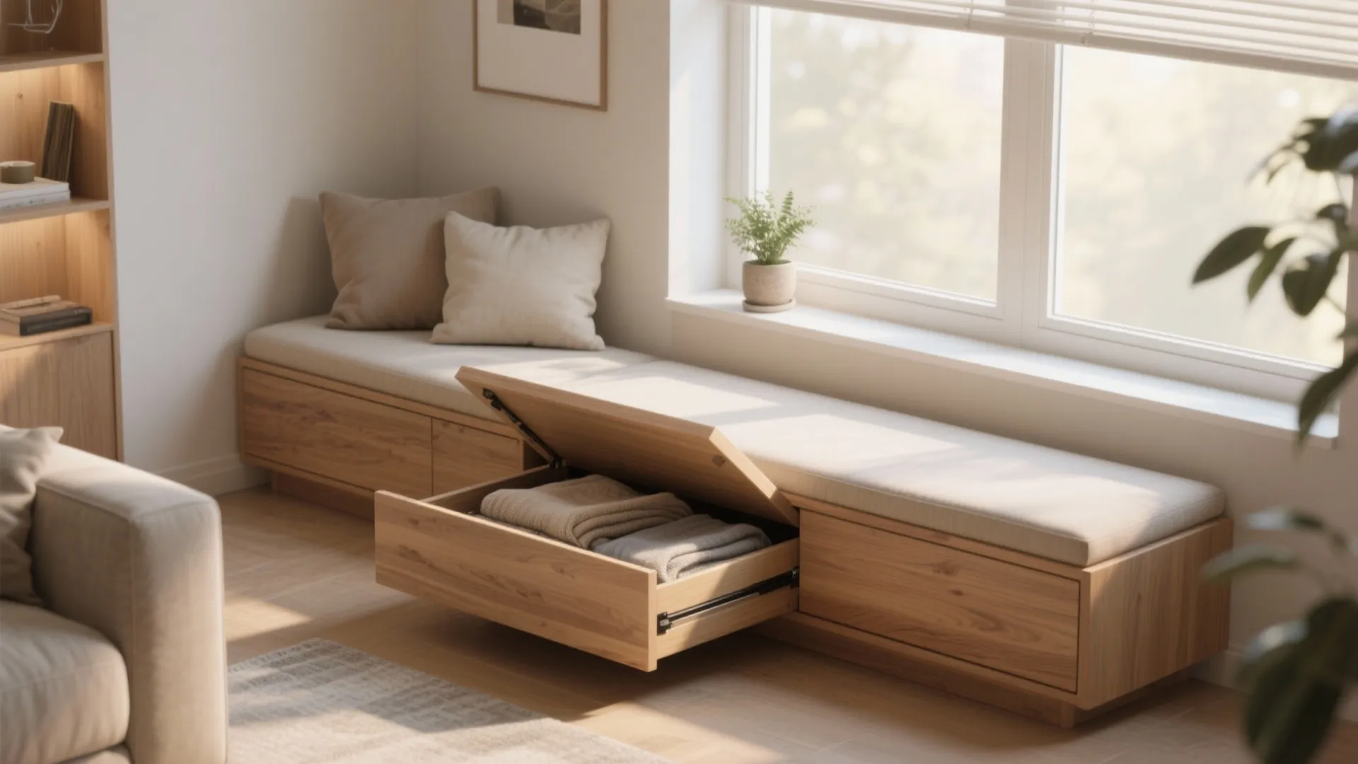 Slim storage bench under a living room window with lift-top storage and cushions in neutral tones.