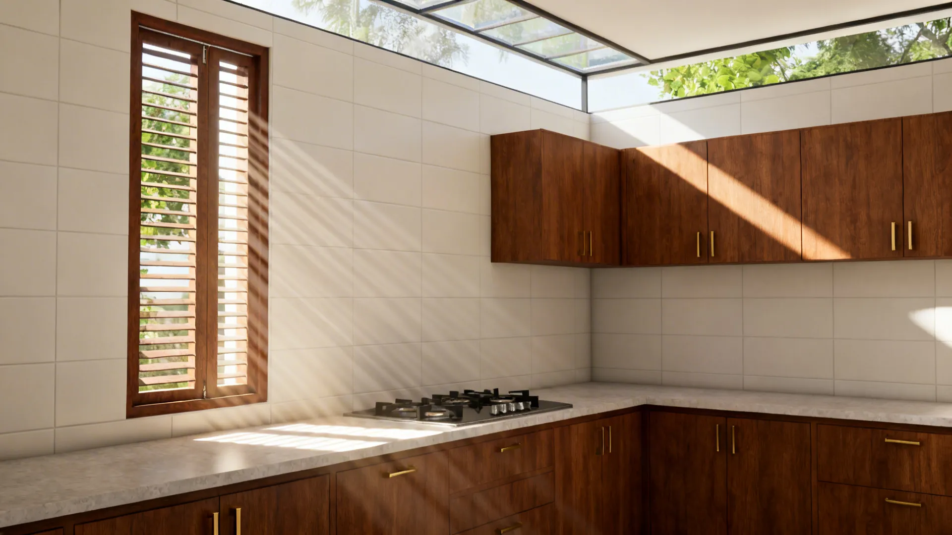 Kerala kitchen with tall slim window, soft daylight, and airflow lines near the hob.
