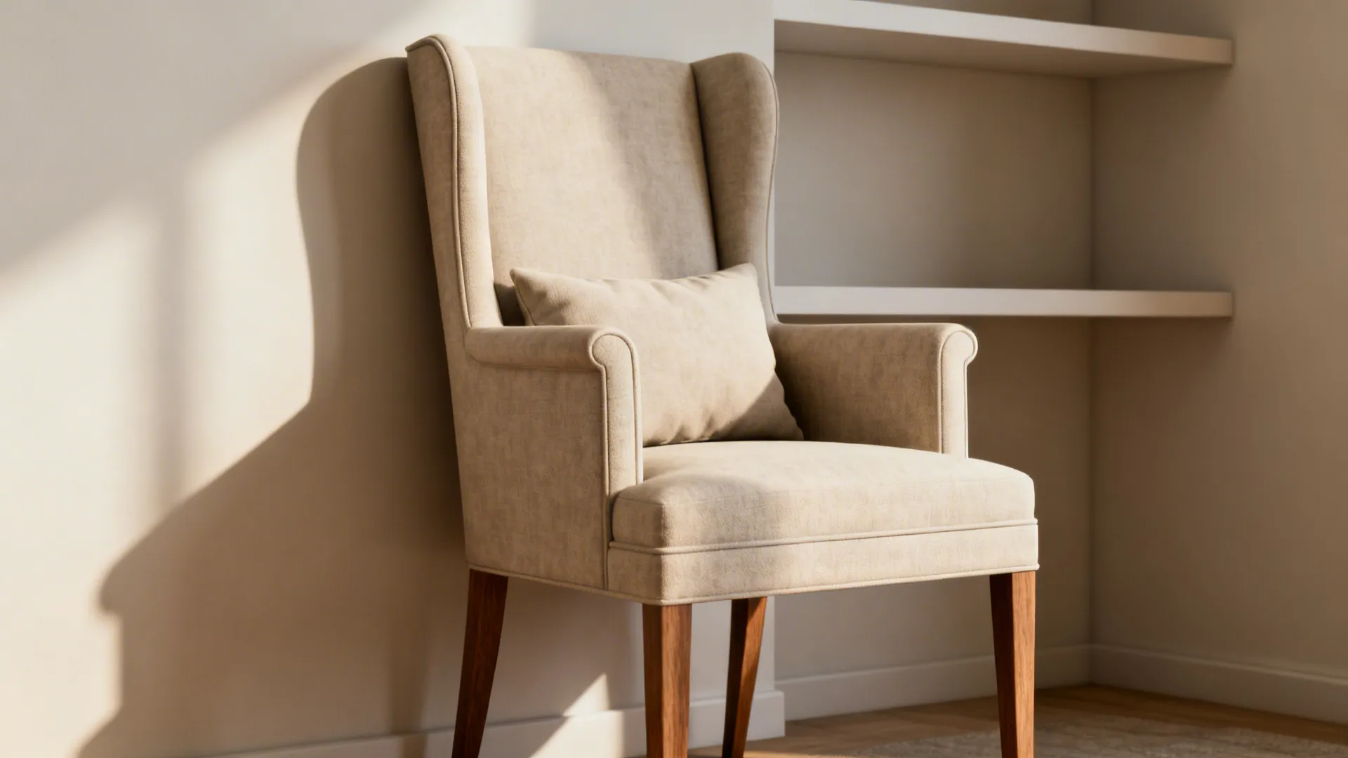 Slim wingback accent chair with narrow frame and soft cushions in a small corner