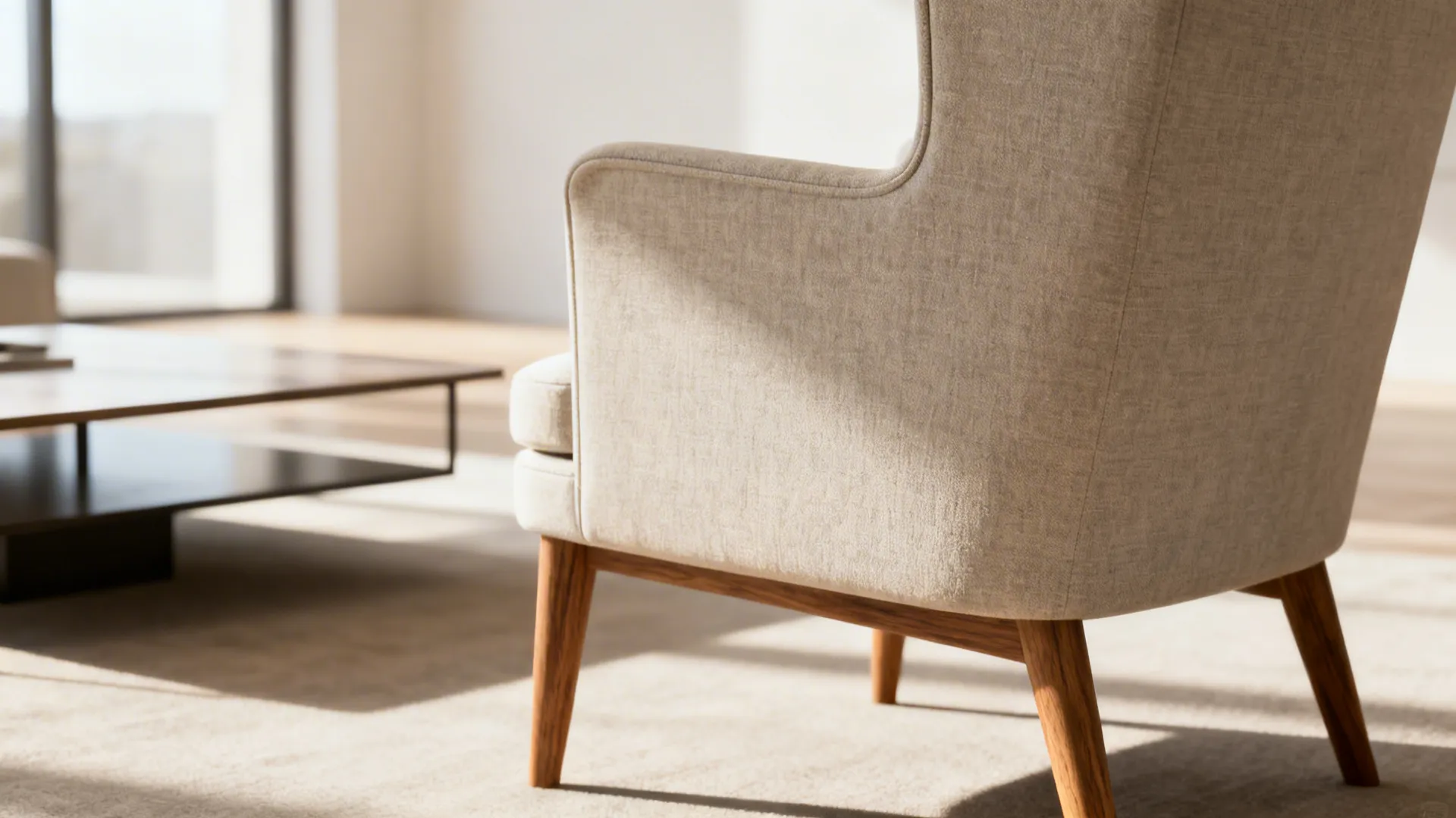 Slim-profile wingback chair with exposed wooden legs and visible fabric texture