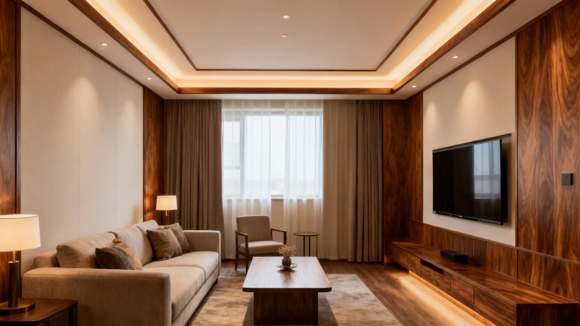 Warm living room with dark wood wall panels beige sofa wooden table and warm lighting