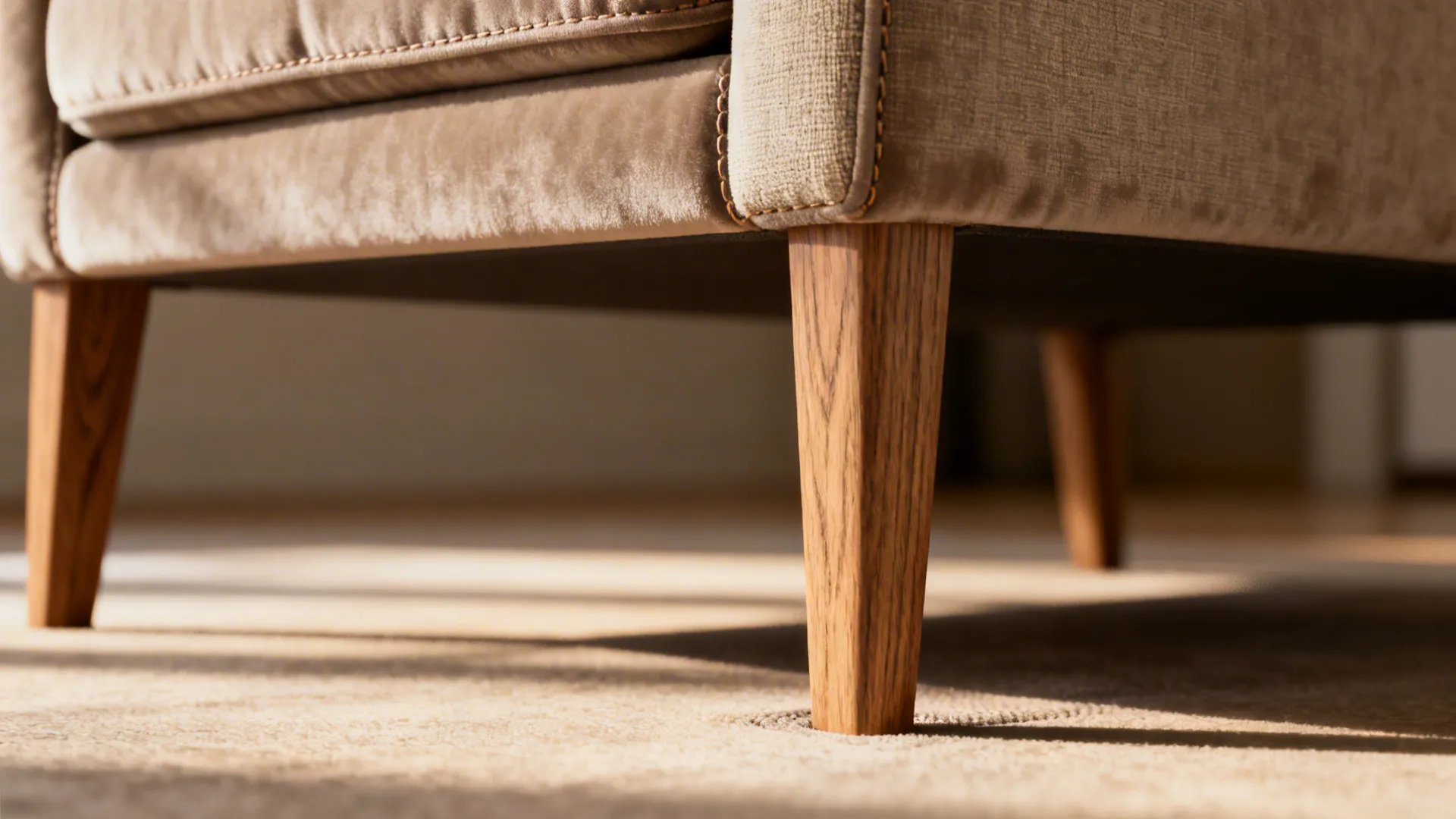 Close-up of slim taupe armchair showing wooden legs and fabric texture.