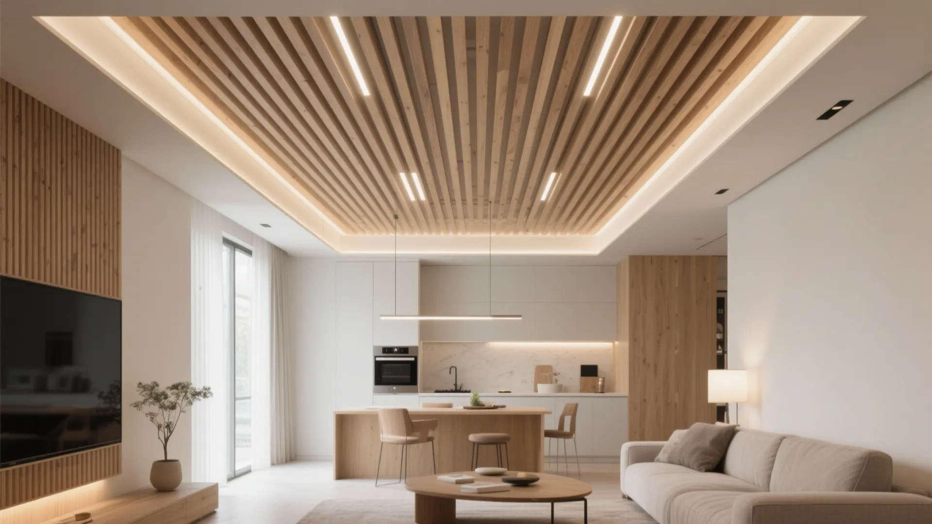 Slim oak ceiling slats framing compact LED panels create even light and hide imperfections.