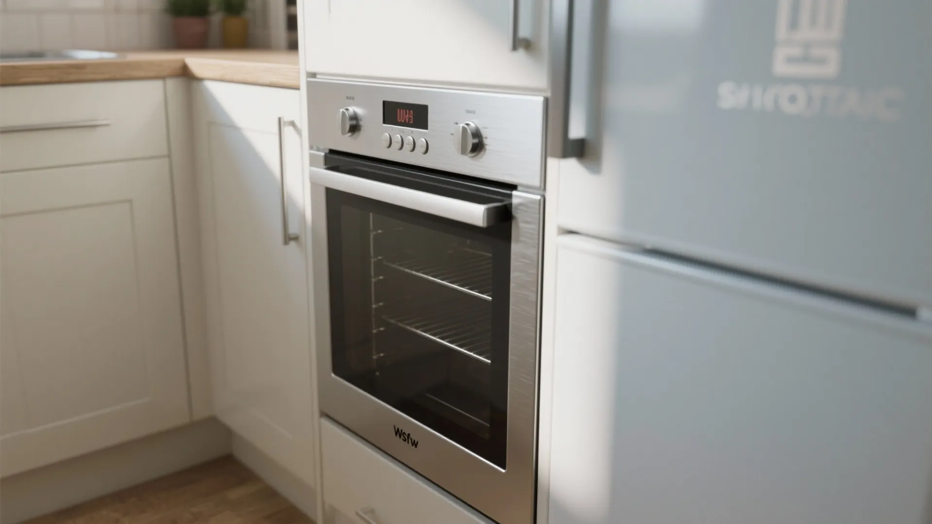 Close up of a built-in stainless steel oven installed in white kitchen cabinets near fridge