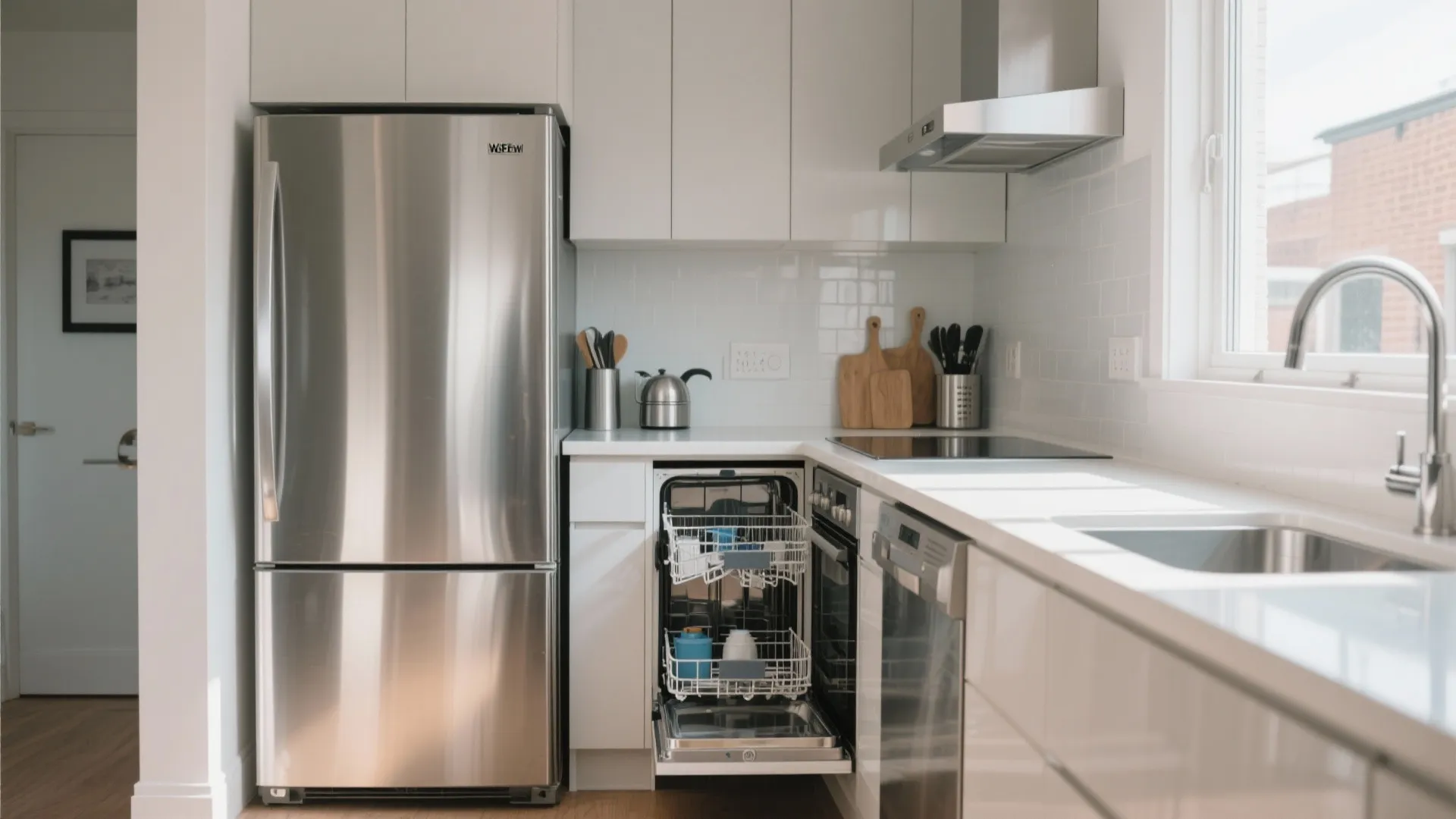 White kitchen design featuring a stainless steel fridge and a small open dishwasher near windows