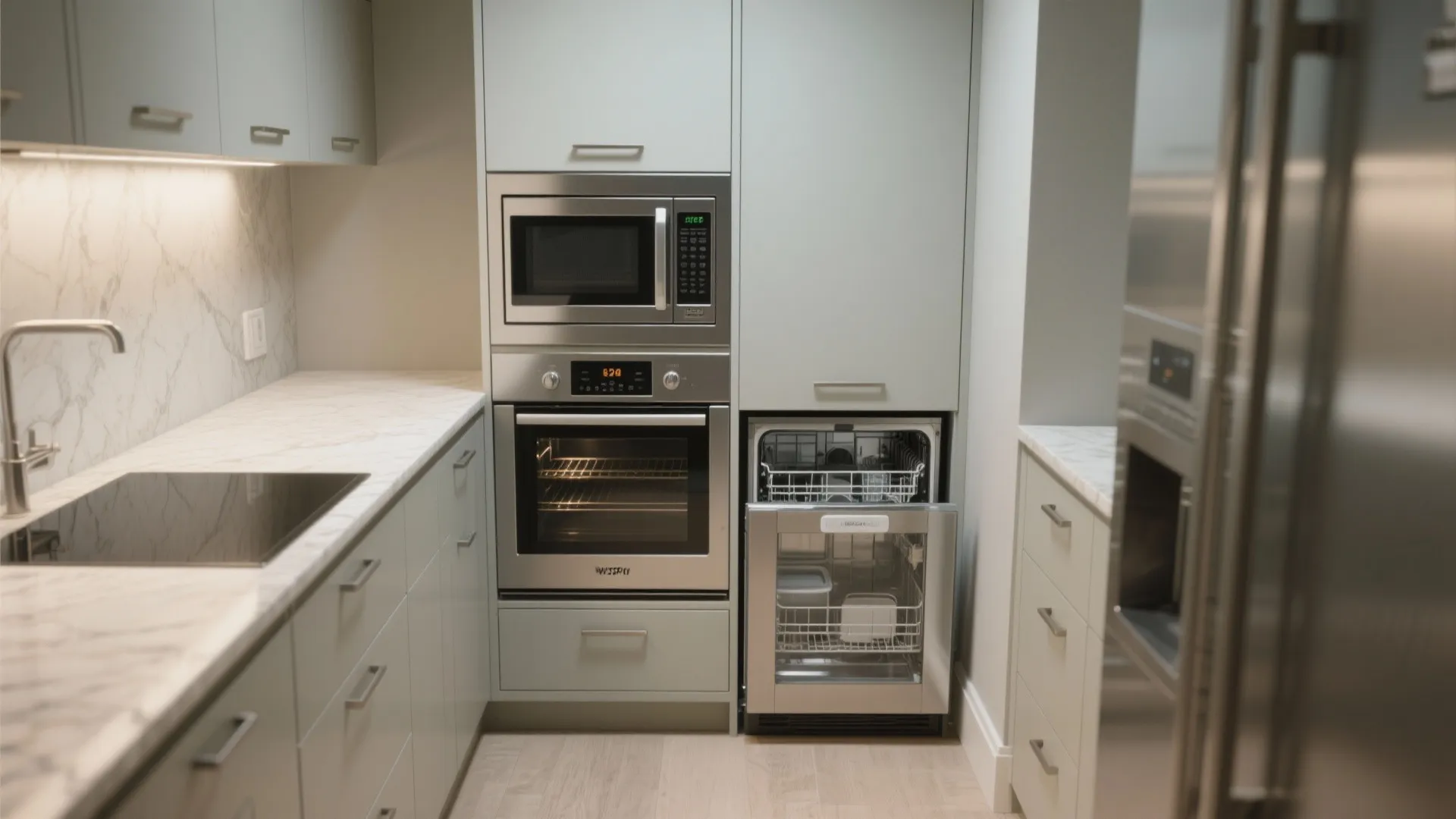 Small kitchen featuring grey cabinets built in microwave oven and open dishwasher with marble surface