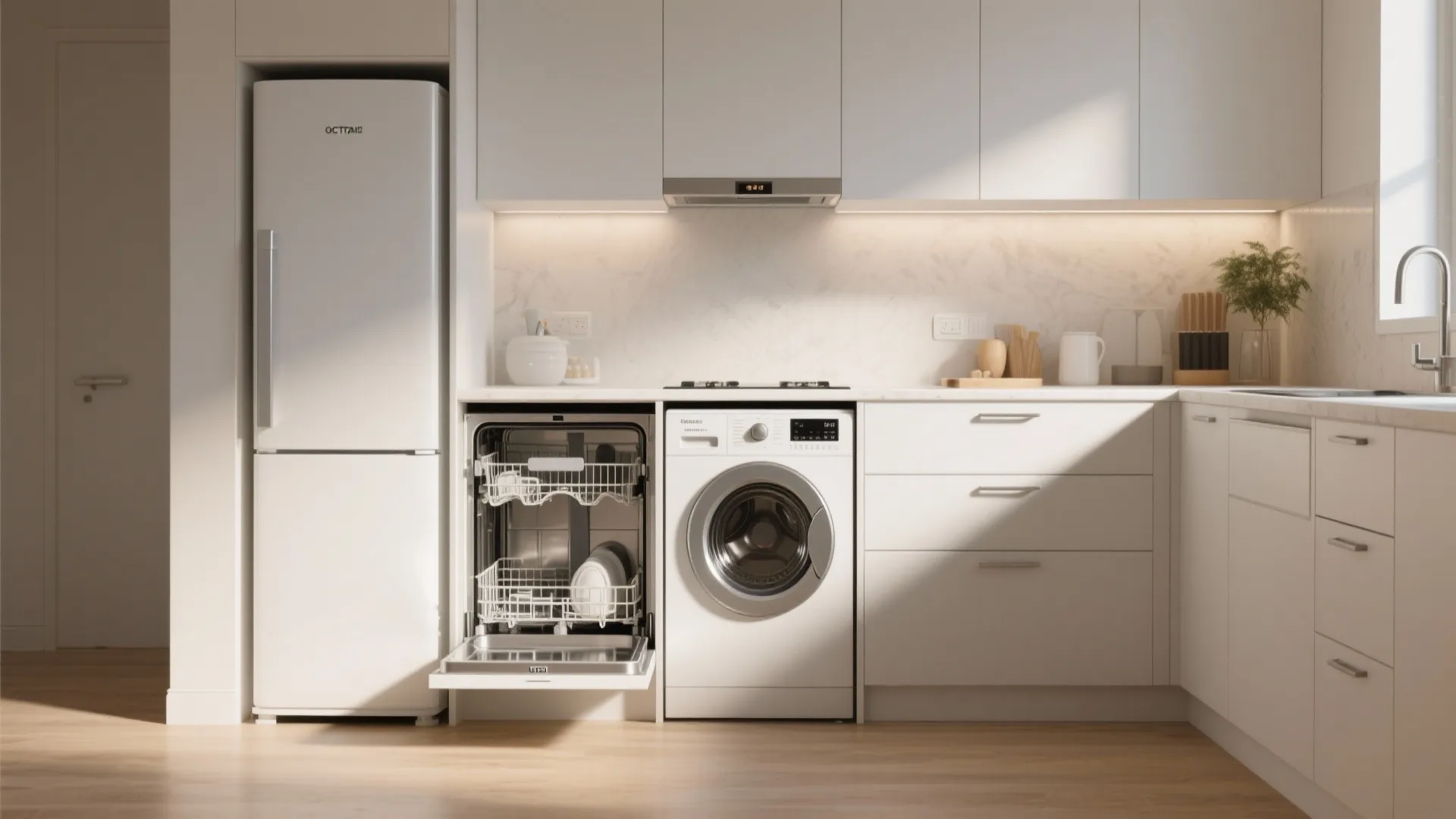 White modern kitchen including a tall fridge an open dishwasher and a white washing machine