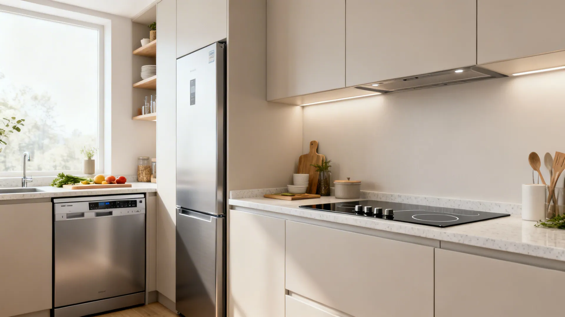 Small modular kitchen with a 45 cm dishwasher, counter-depth fridge, and 60 cm induction cooktop in a clear workflow.