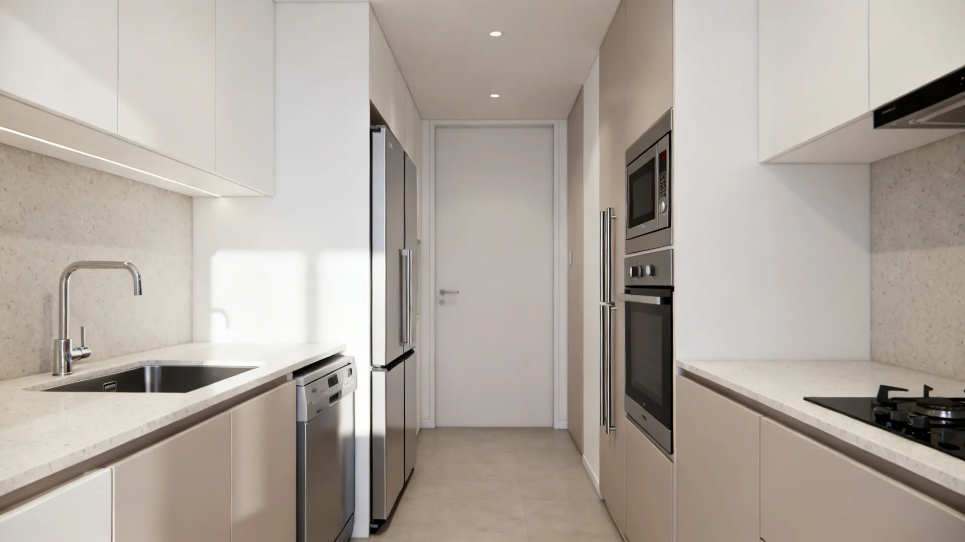 Compact BTO kitchen with a counter-depth fridge, slim dishwasher, and stacked oven-microwave column.