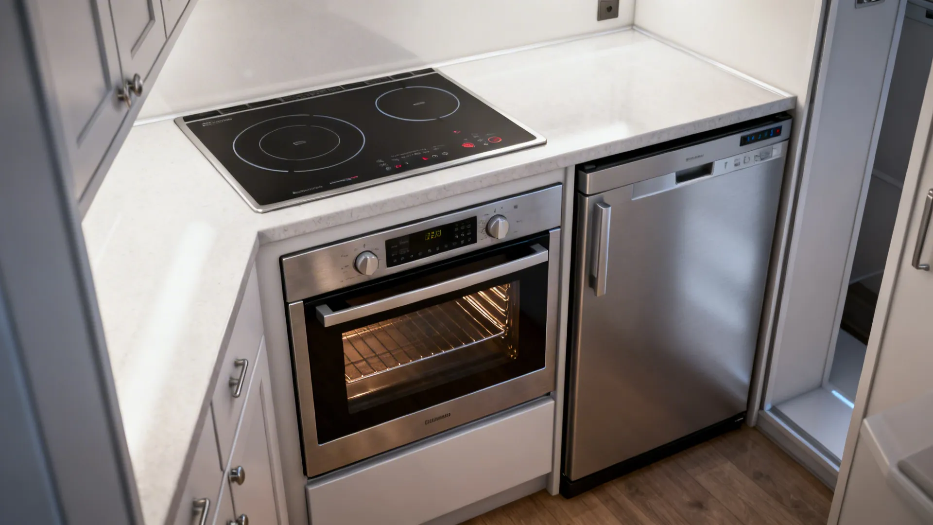 Compact kitchen with two-burner induction cooktop and small convection oven integrated into cabinetry