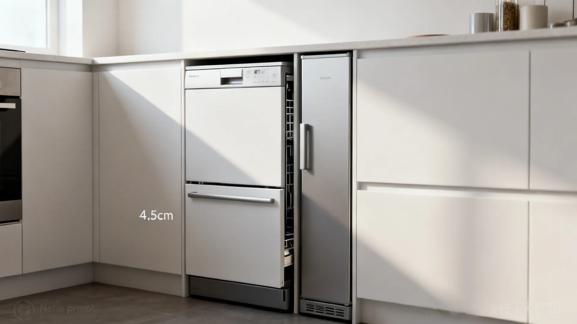 Slimline 45cm dishwasher drawer and narrow column fridge integrated into kitchen cabinetry.