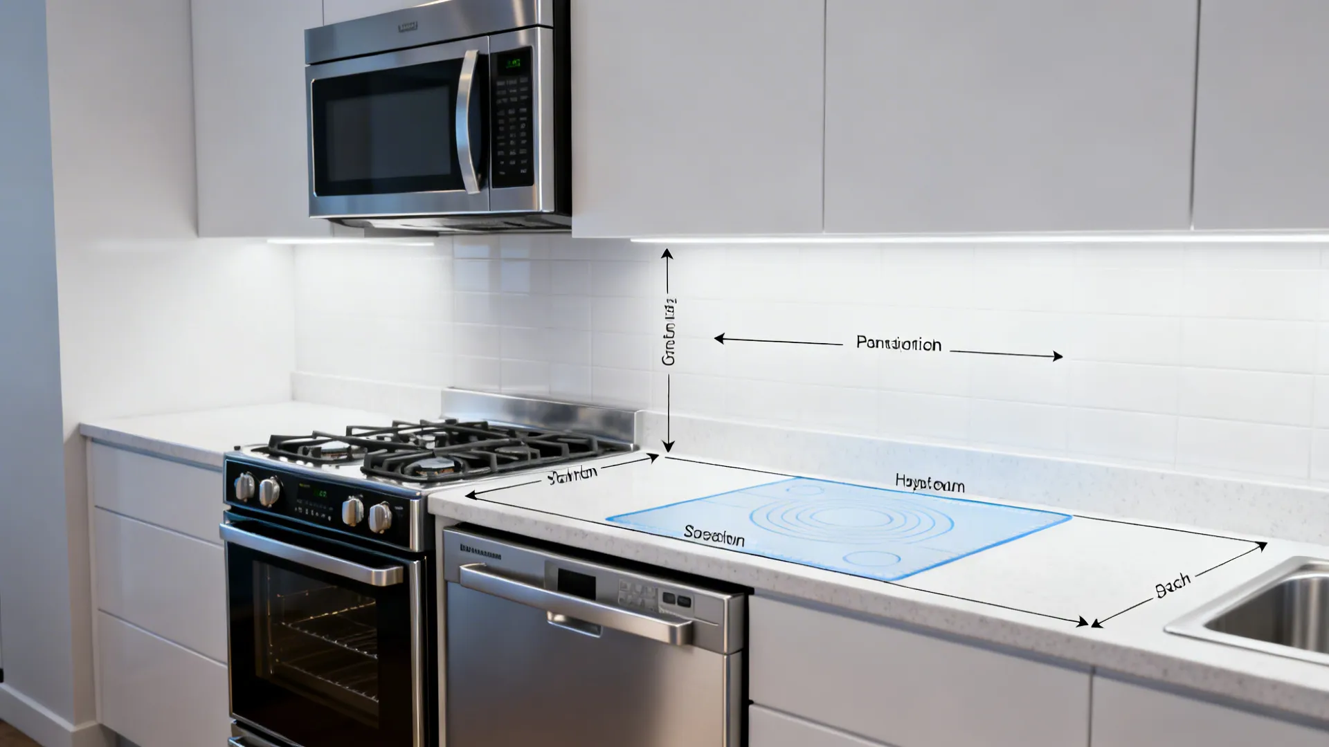 Compact kitchen with slimline 24-inch range, microwave-hood combo and drawer dishwasher showing consolidated zones