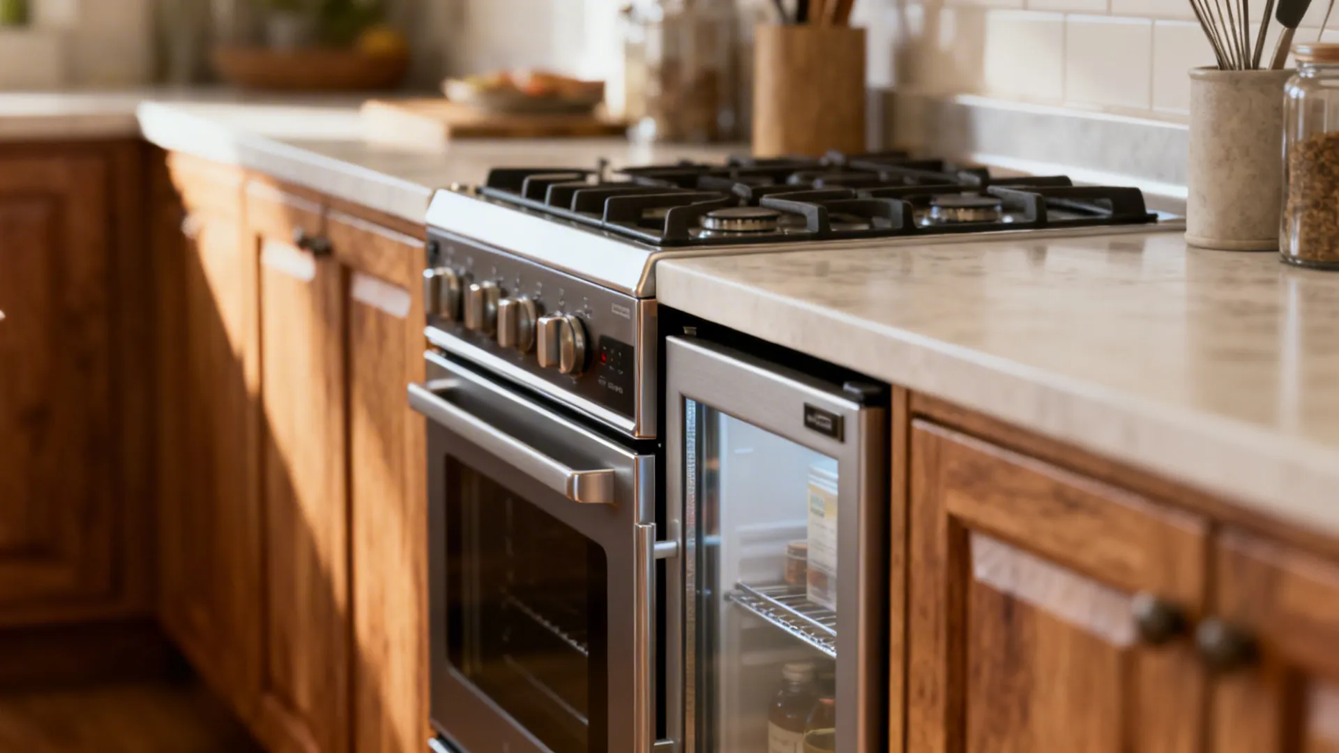 Slimline 24-inch range and compact refrigerator fitted into narrow kitchen cabinets.
