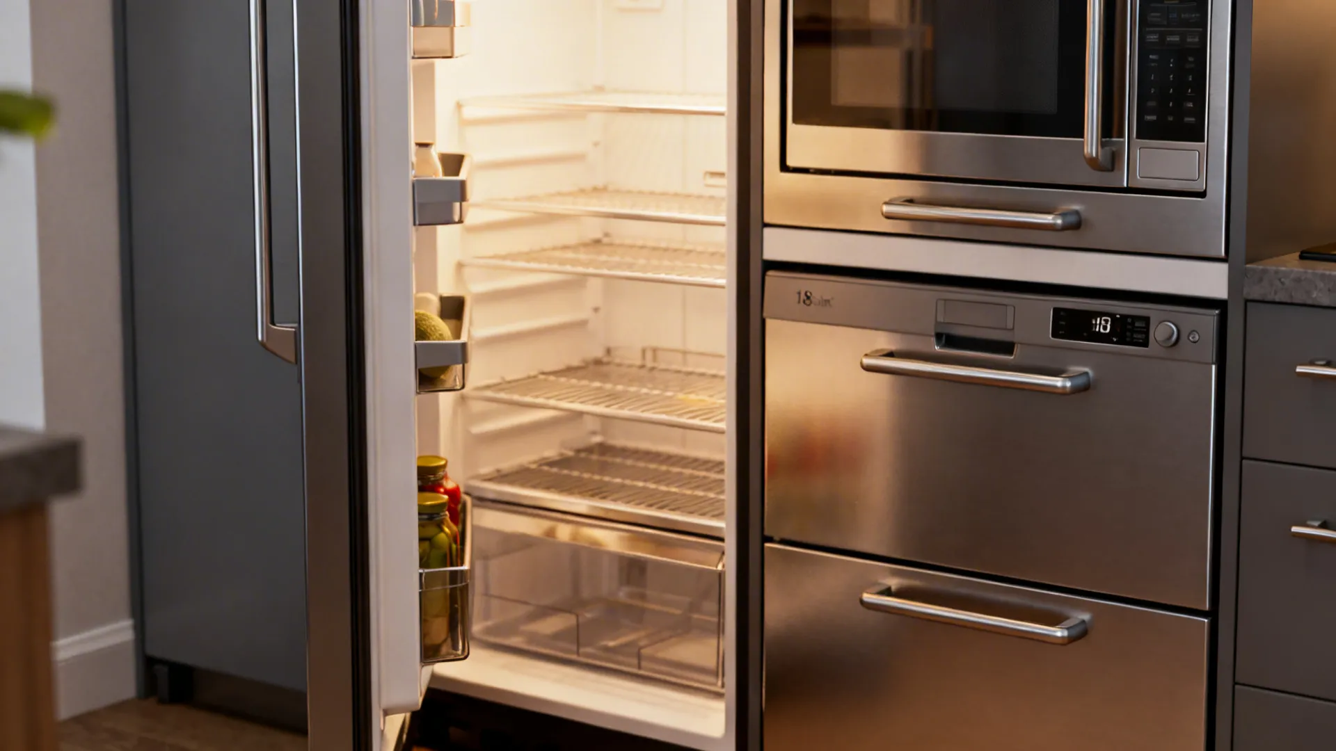 Close-up of narrow fridge, 18-inch dishwasher and drawer microwave in a compact kitchen.