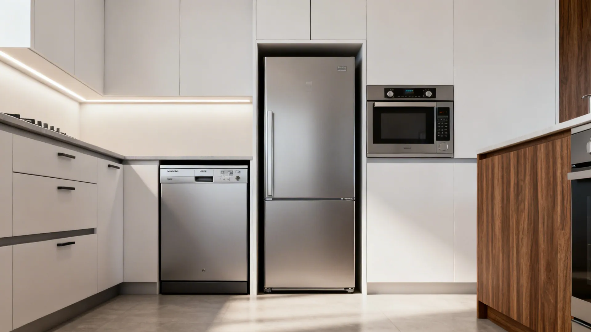 Compact kitchen with slimline dishwasher, counter-depth fridge and stacked appliances.