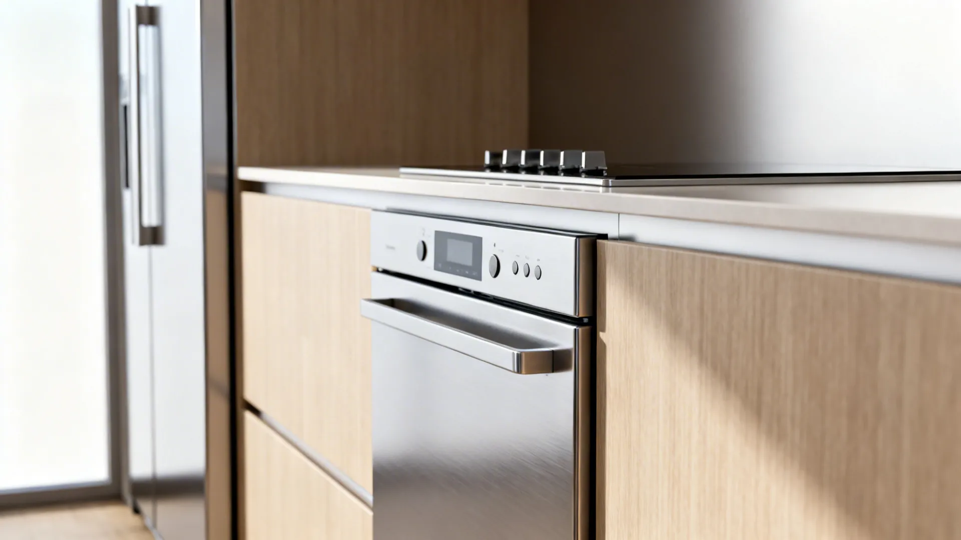 Close-up of narrow fridge, integrated drawer dishwasher and flush cooktop in a slim kitchen.