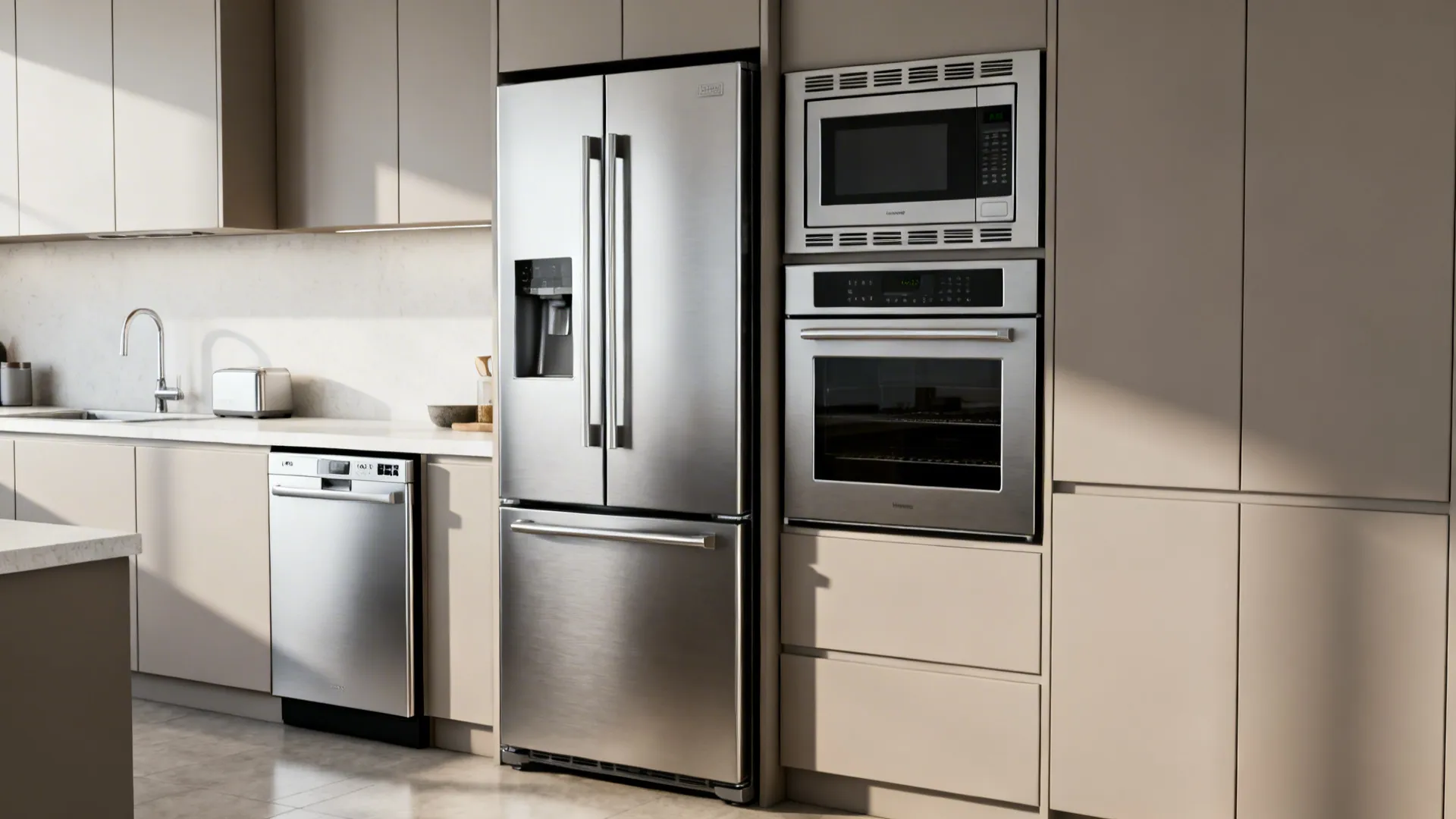 Small kitchen fitted with an 18" dishwasher, counter-depth refrigerator, and combi microwave-oven