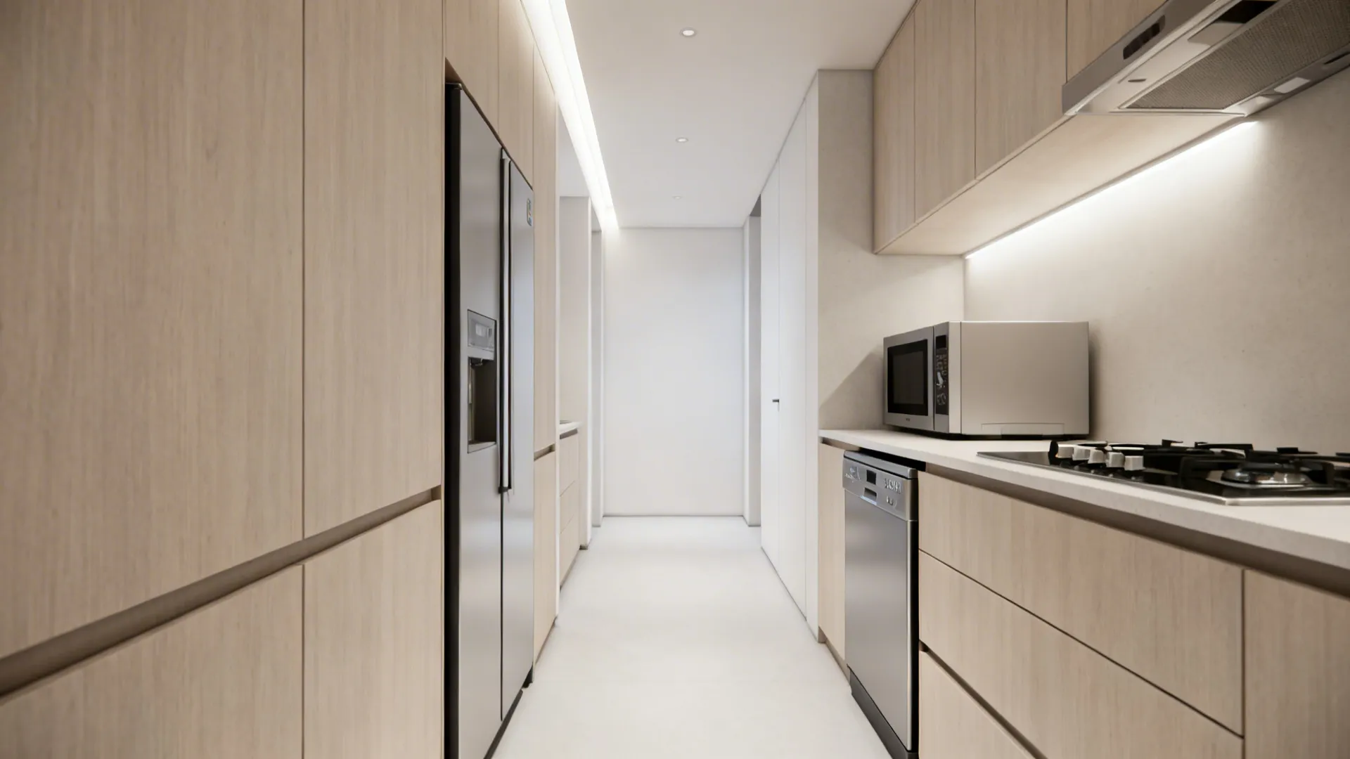 Narrow kitchen featuring slimline fridge, 18-inch dishwasher and drawer microwave to save walk space.