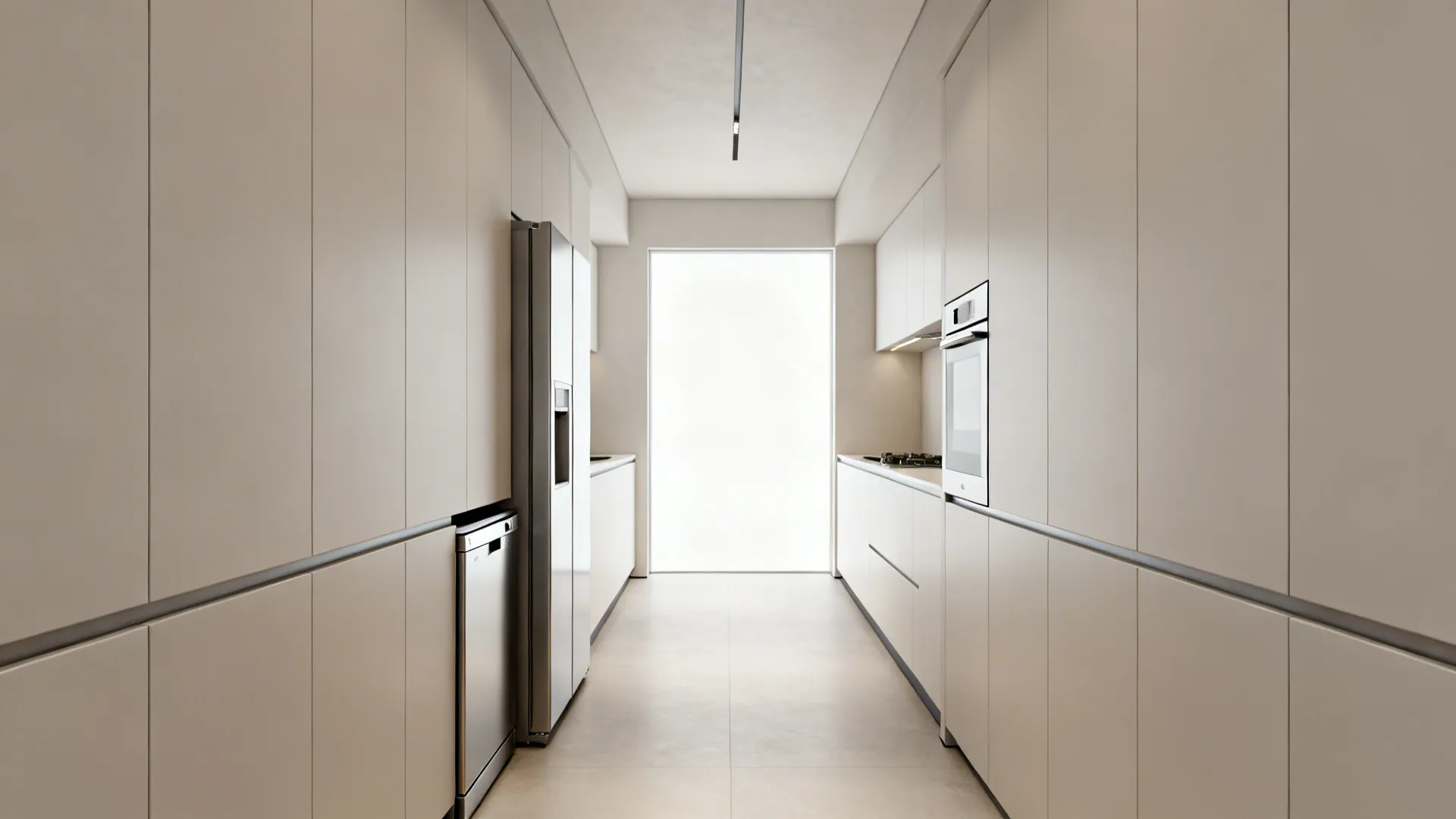 Narrow kitchen with slimline integrated appliances and continuous cabinetry for better flow