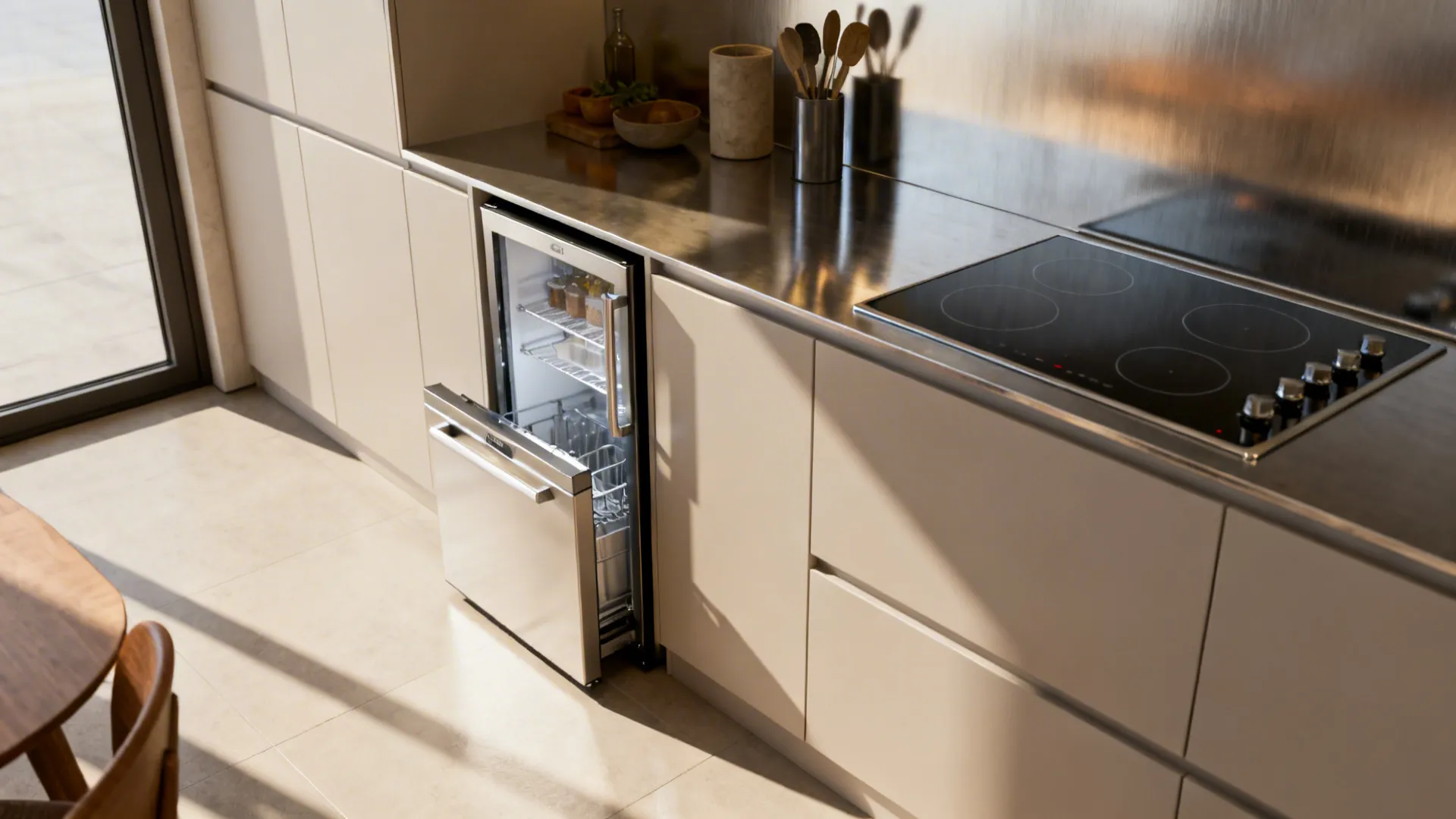Compact kitchen with an integrated slim fridge, narrow dishwasher and induction cooktop.