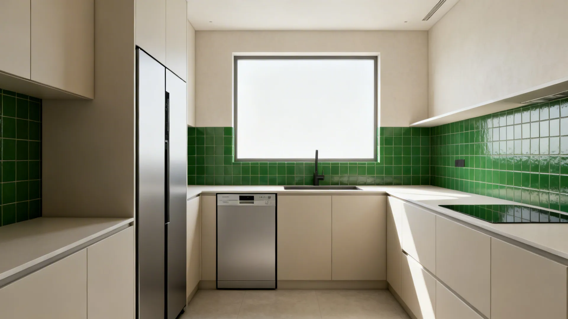 Kitchen with integrated 24-inch refrigerator and narrow dishwasher for a continuous counter run.