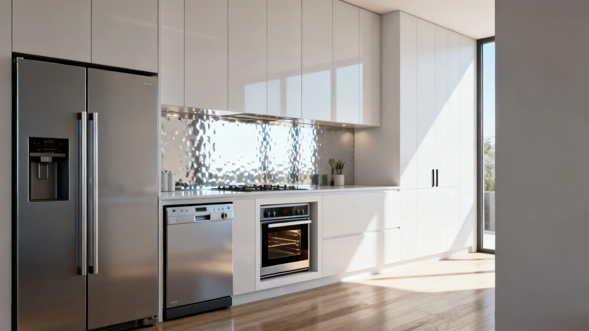 Slimline fridge and narrow dishwasher integrated into kitchen niches