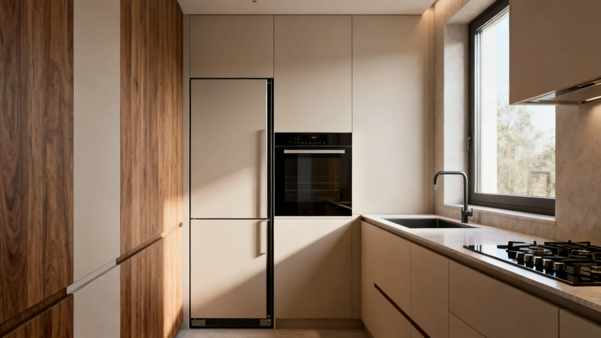 Small kitchen with integrated slimline appliances and clean sightlines, making the space feel wider.