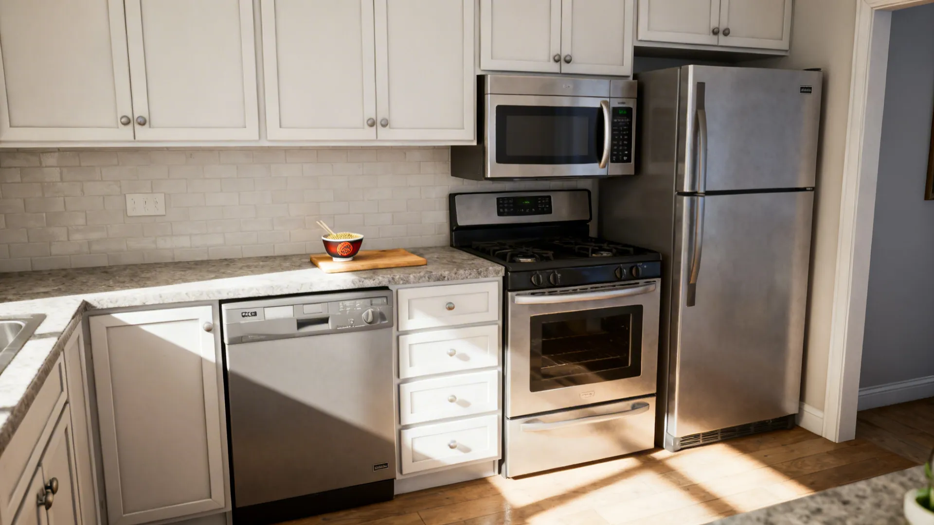 Compact kitchen showing a 24-inch dishwasher, counter-depth fridge and microwave-convection combo.