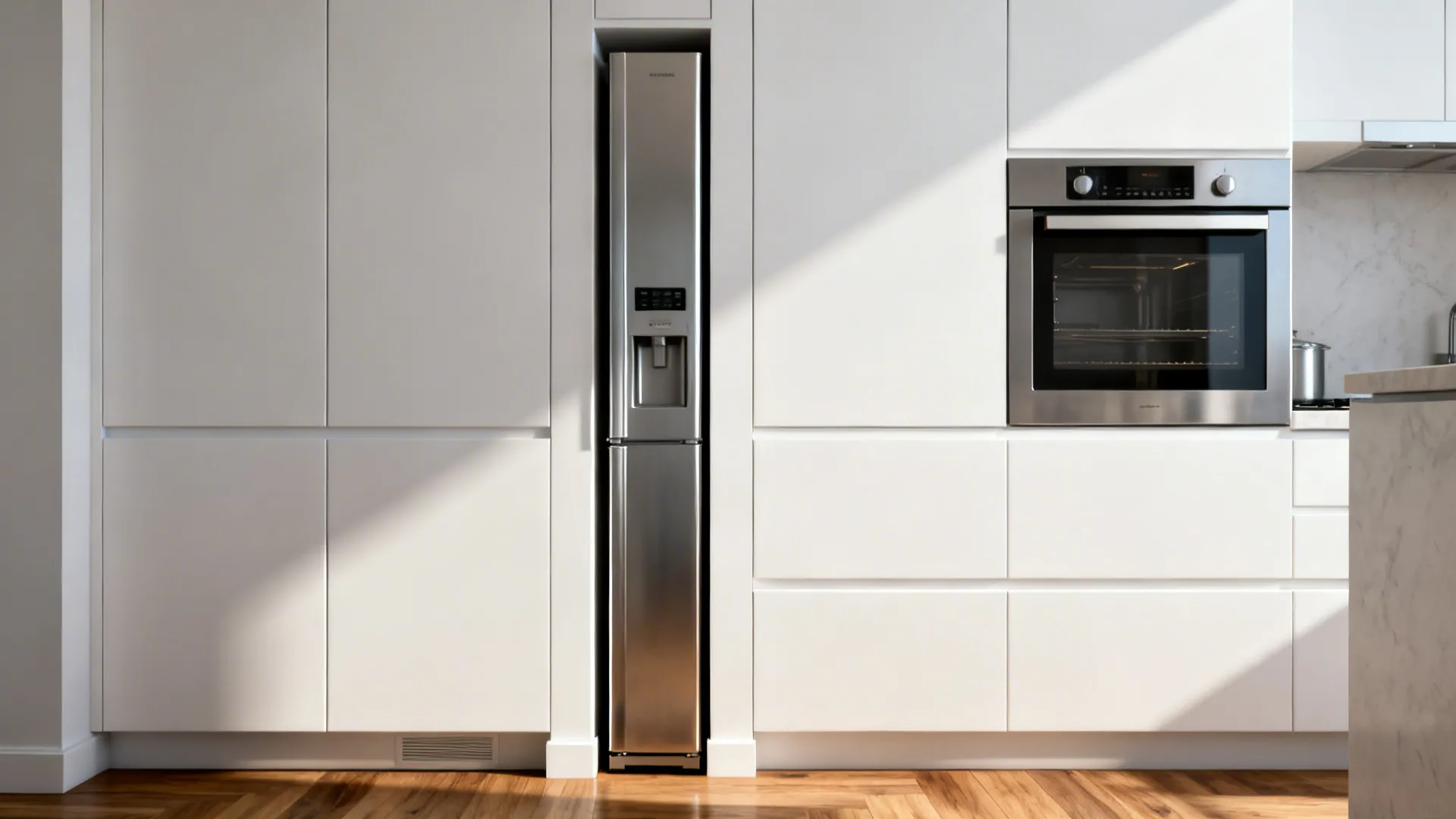 Corner of a small kitchen showing a slim vertical refrigerator and narrow appliance units maximizing space.