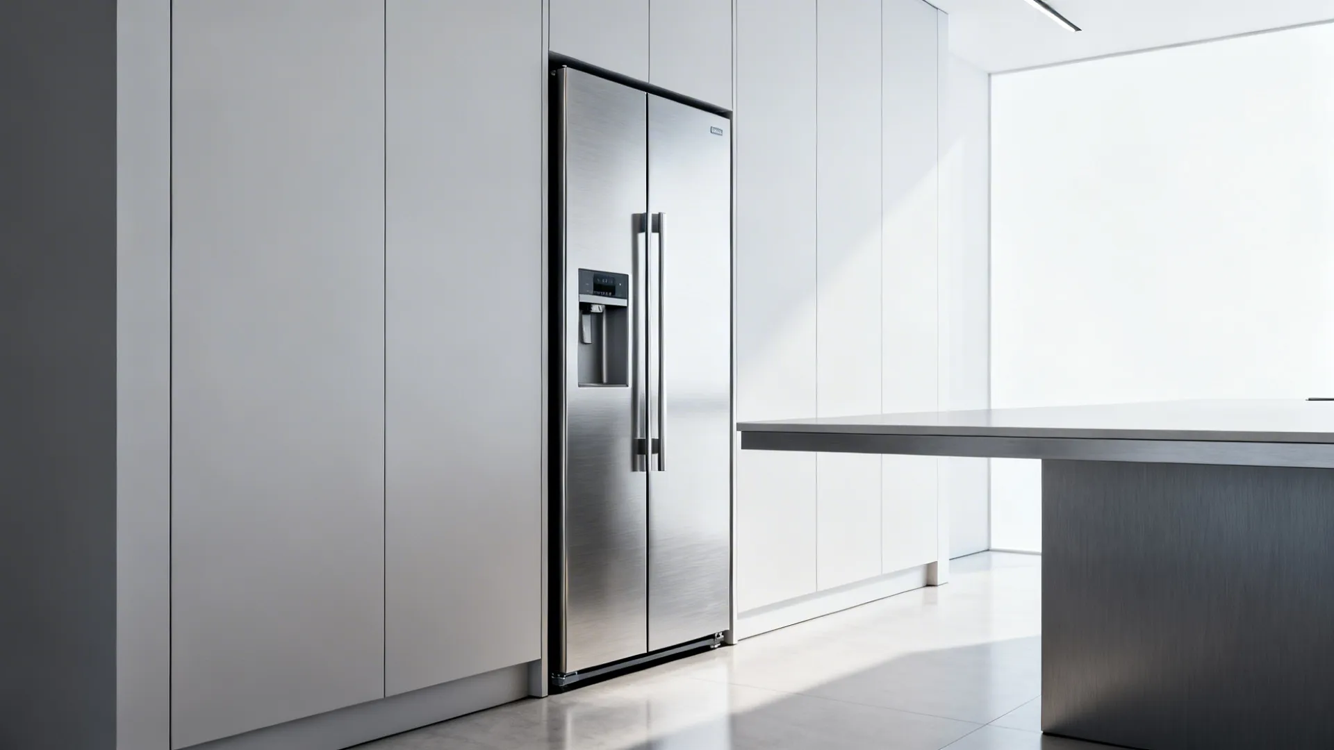 Slim counter-depth refrigerator fitted into a shallow cabinet run with a clear aisle.