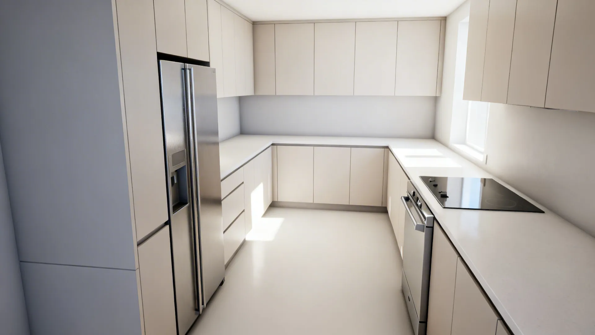 Small kitchen with integrated narrow fridge and compact dishwasher maintaining full functionality