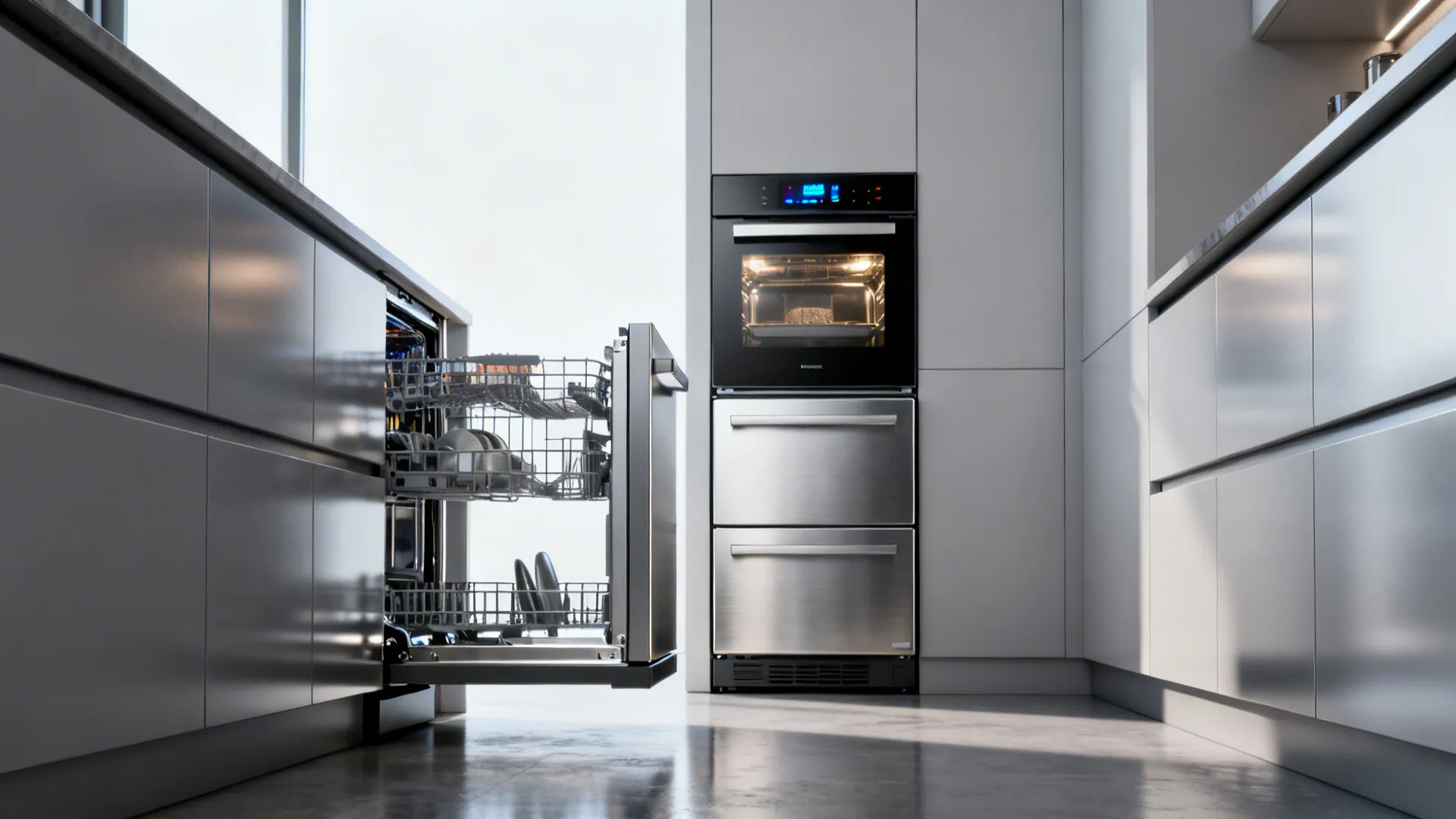 Narrow kitchen with a compact drawer dishwasher and built-in steam oven in stainless steel