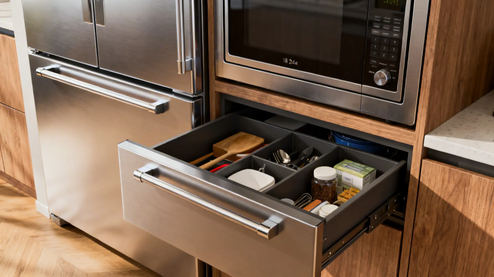 Slimline refrigerator and drawer-style microwave integrated into narrow cabinetry.