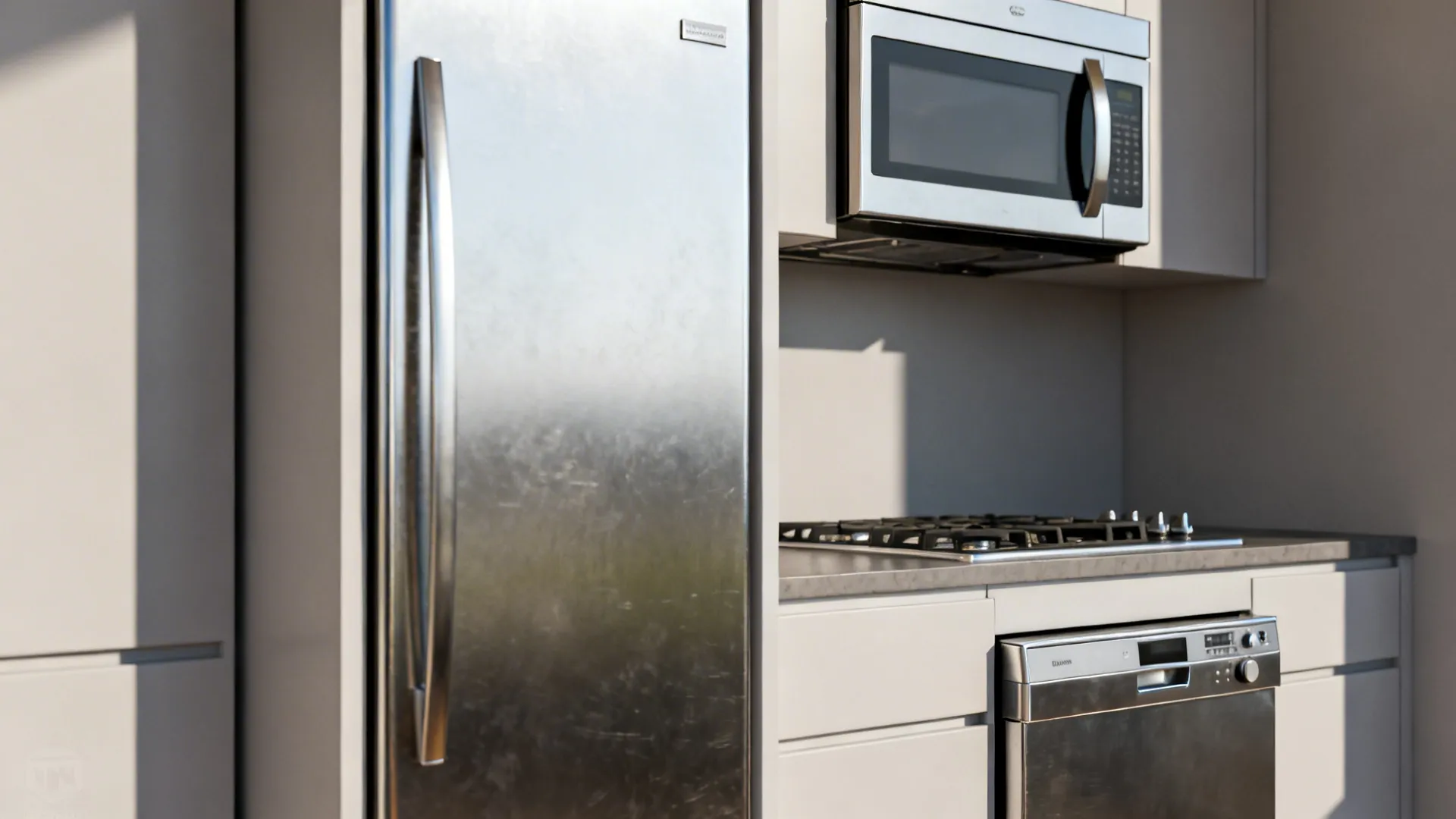 Close-up of slimline refrigerator and compact microwave-hood showing efficient proportions