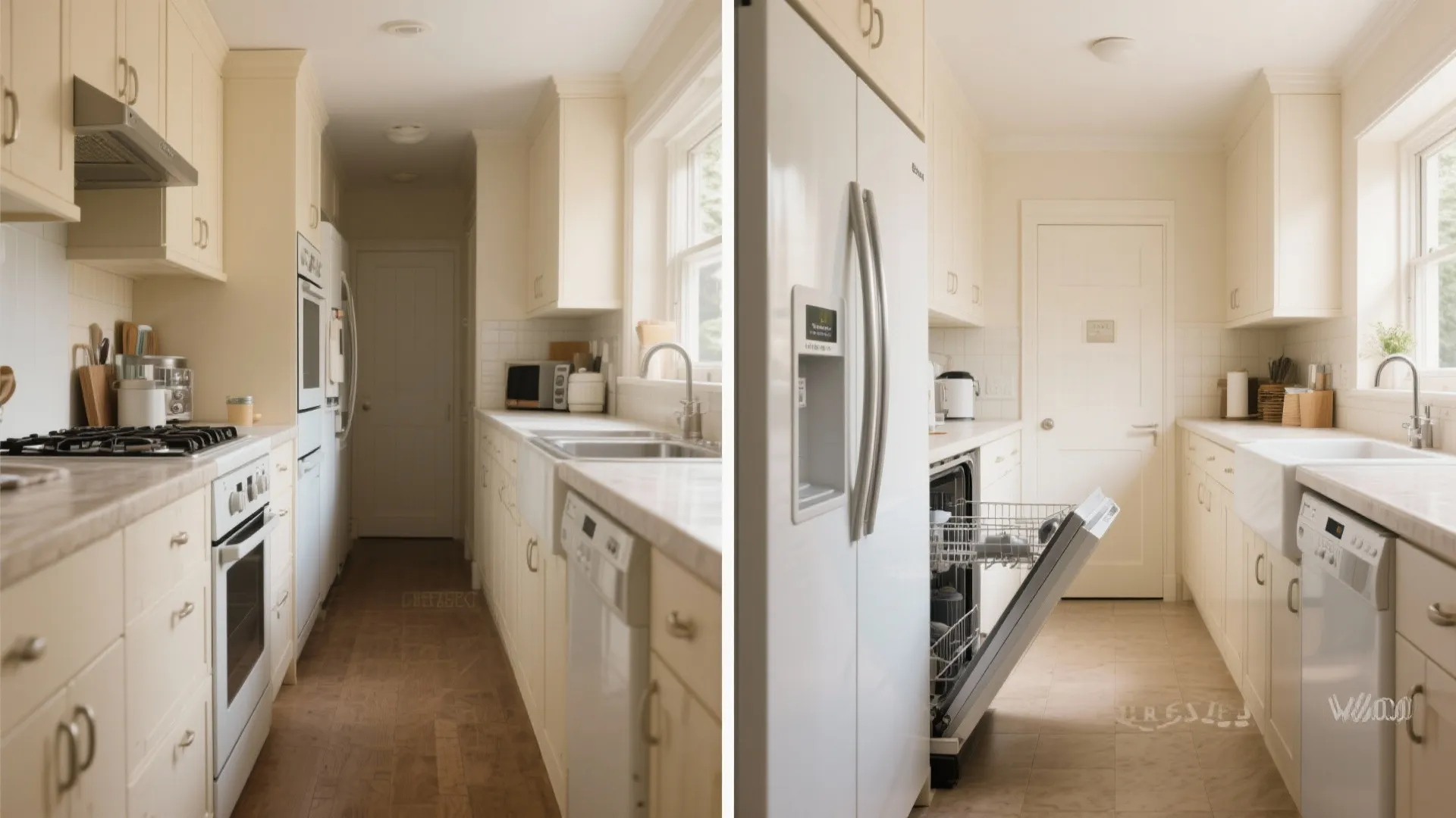 Before and after of galley kitchen with slimline appliances