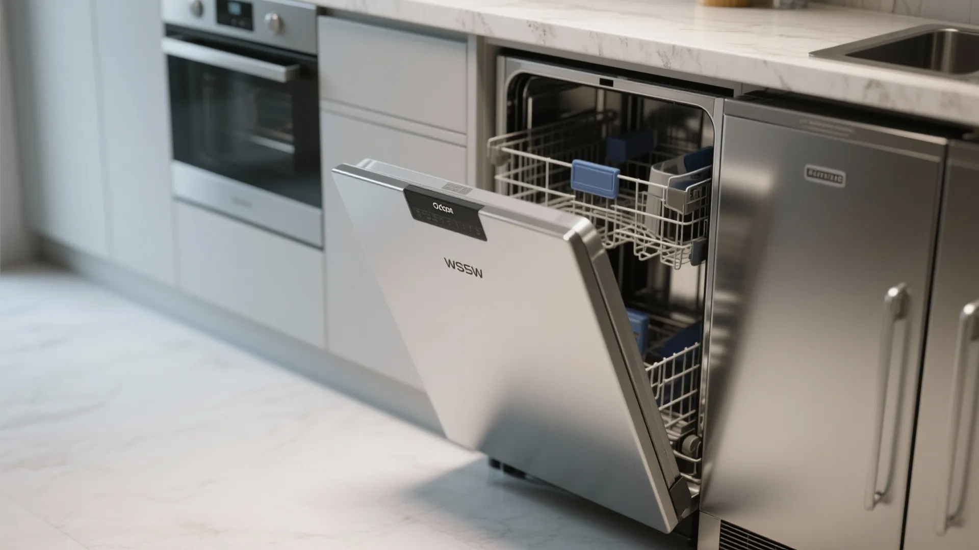 Modern silver dishwasher open in white kitchen next to oven and under marble stone countertop