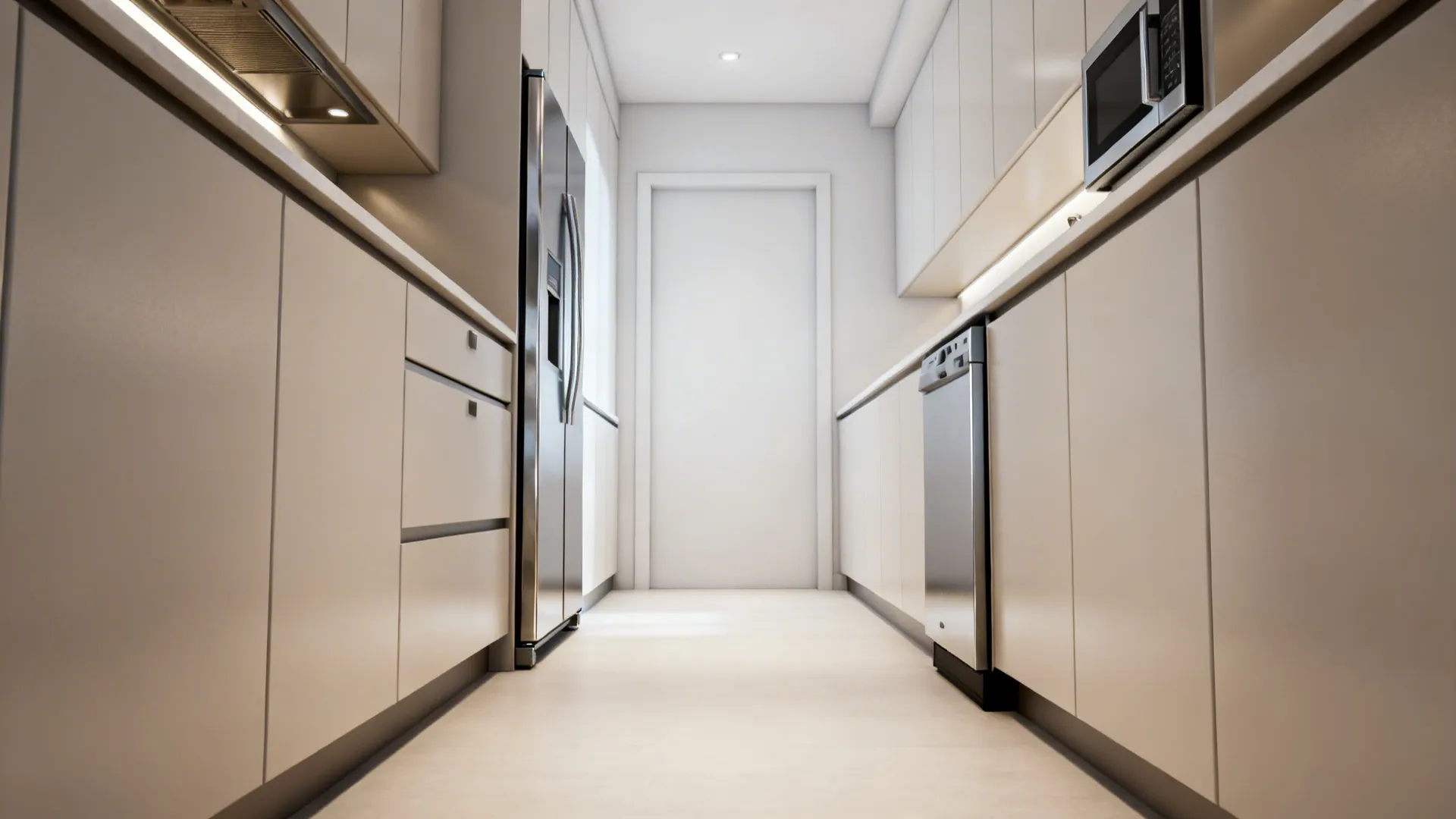 Narrow galley kitchen with slimline fridge, drawer microwave, and continuous flooring.