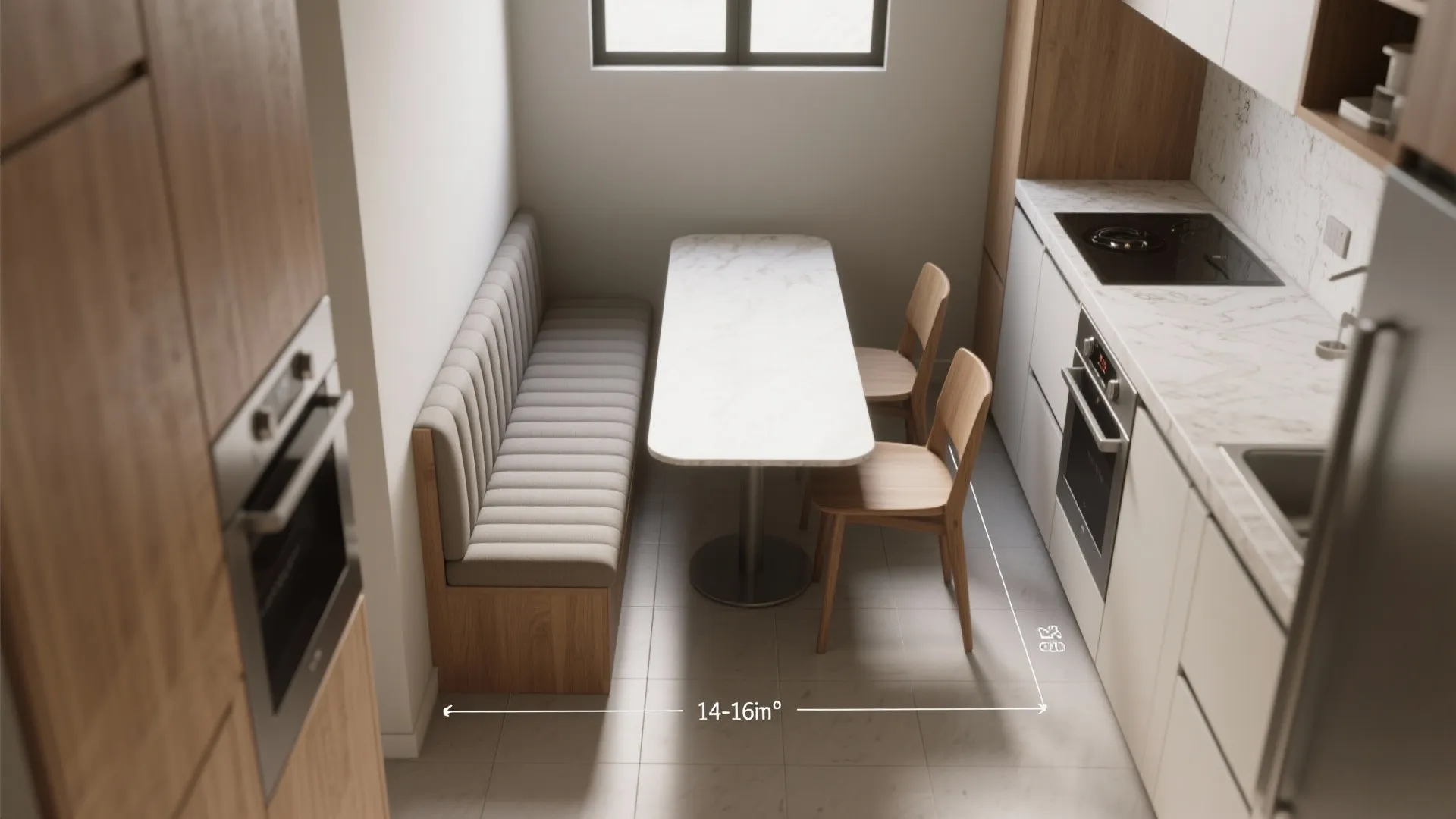 Narrow kitchen with white cabinets, long marble dining table, wooden chairs, and built-in bench seating