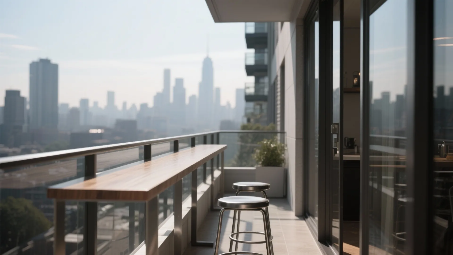 Wooden bar counter attached to balcony railing with two metal stools and city skyline view