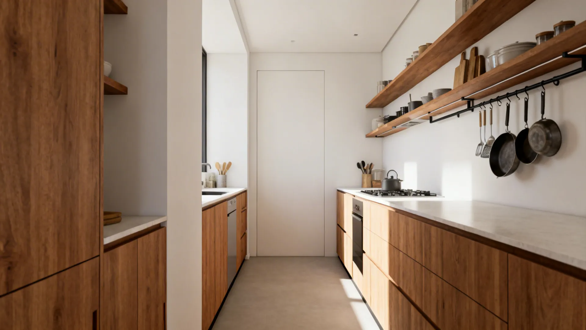 Narrow kitchen aisle with 12–15 inch slimline base cabinets, open shelving and hanging rails.